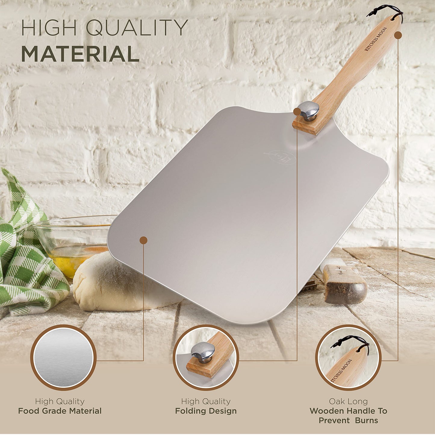 KITCHUS MOON Large Pizza Peel 16 inch - Extra Large Metal Pizza Peel with 14 inch Stainless Steel Pizza Cutter Rocker, Pizza Spatula Paddle to Move Large Pizza, Pizza Paddle with Folding Handle