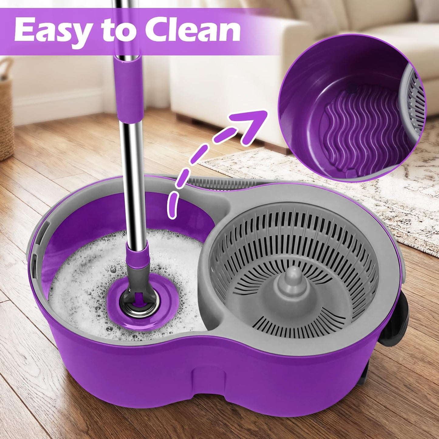 Almcmy Spin Mop and Bucket Set, Mop Bucket with Foot Pedal Wringer System, 3 Reusable Mop Refills, 130cm Long Handle, Easy Wring Magic Mop Floor Cleaning System, Purple