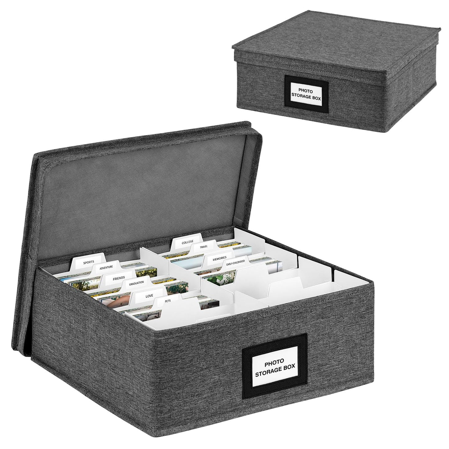 Photo Storage Box with Lid, Photo Organizer Box Fits Holds Up to 1700 and 4x6 Pictures, with 8 Adjustable Dividers, 60 Labels, Photo Album Box for Envelopes, Scrapbooking, Recipes,Cards, Stamps