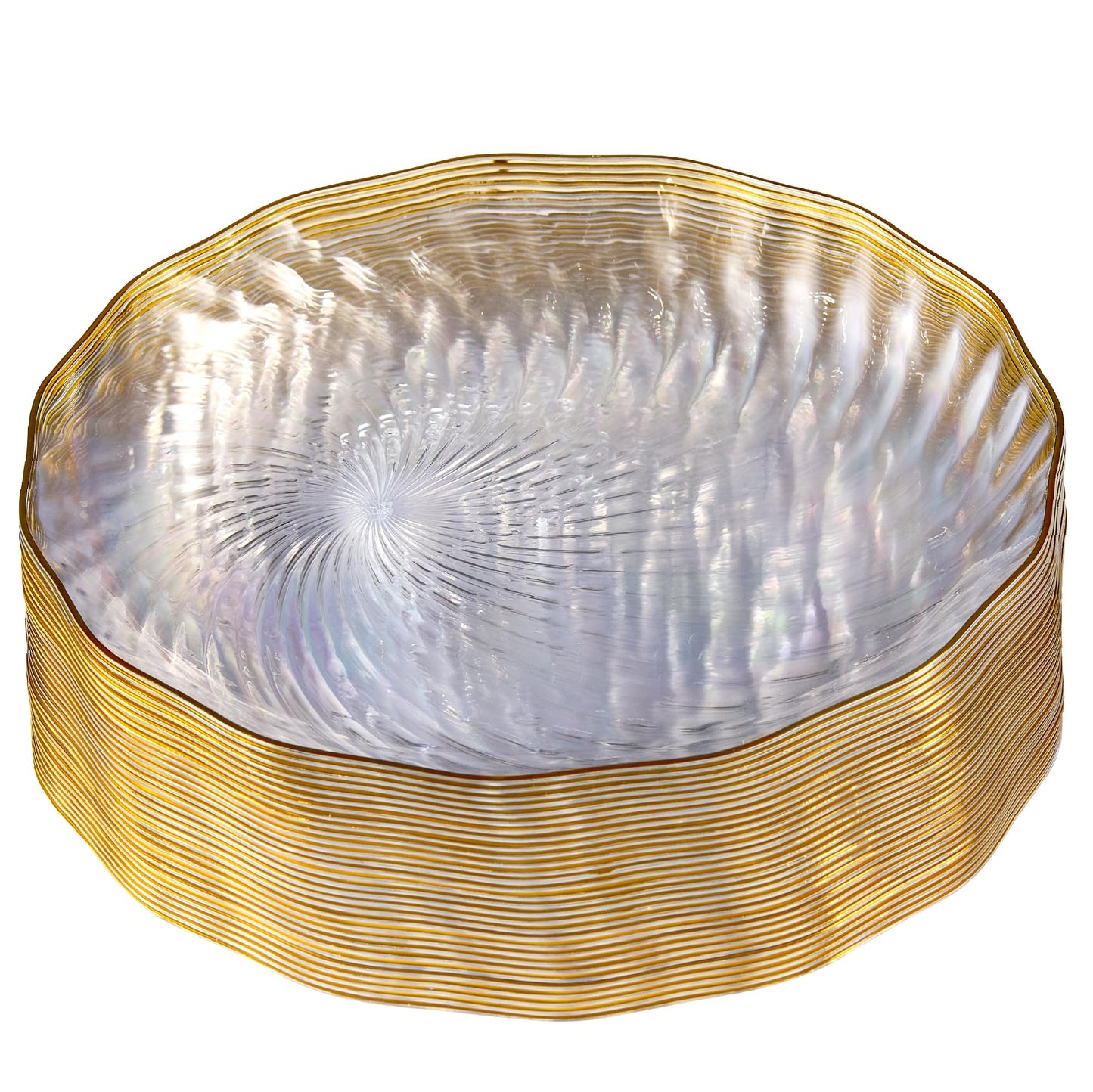 PLASTICPRO 30 Pack Elegant Plastic Plates 10 inch Clear with Gold Rim Spiral Design Disposable Plastic Dinner Plates