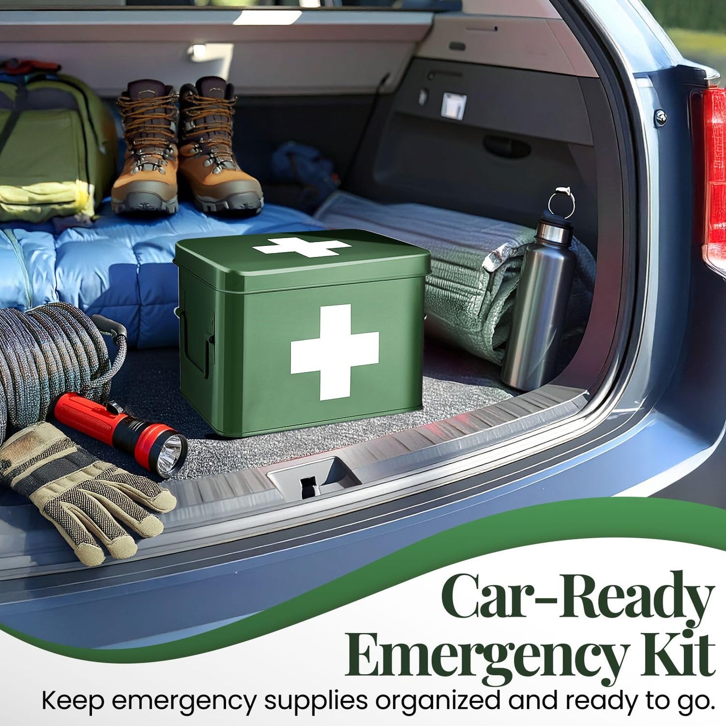 Flexzion First Aid Box Organizer, Empty 8.5 Inch Green Vintage First Aid Kit Tin Metal Medical Box First Aid Storage Box Container Bins with Dividers, Removable Tray and Cross Logo