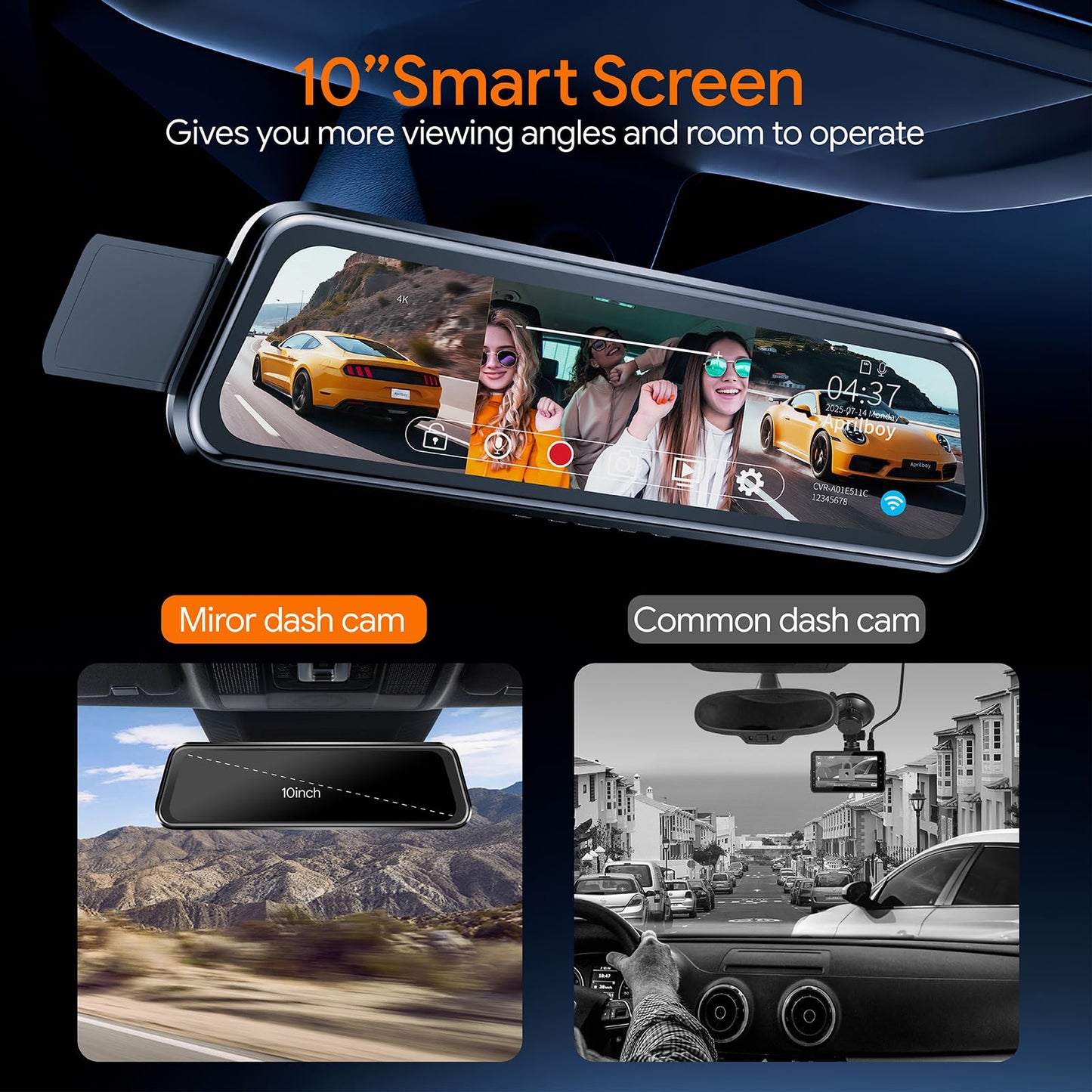 3 Channel Mirror Dash Camera for Cars, 10" Triple Rear View Mirror with 4K/3K Front, 1080P Inside and Rear with WiFi, G-Sensor, Night Vision, Reverse Assist, Parking Monitoring