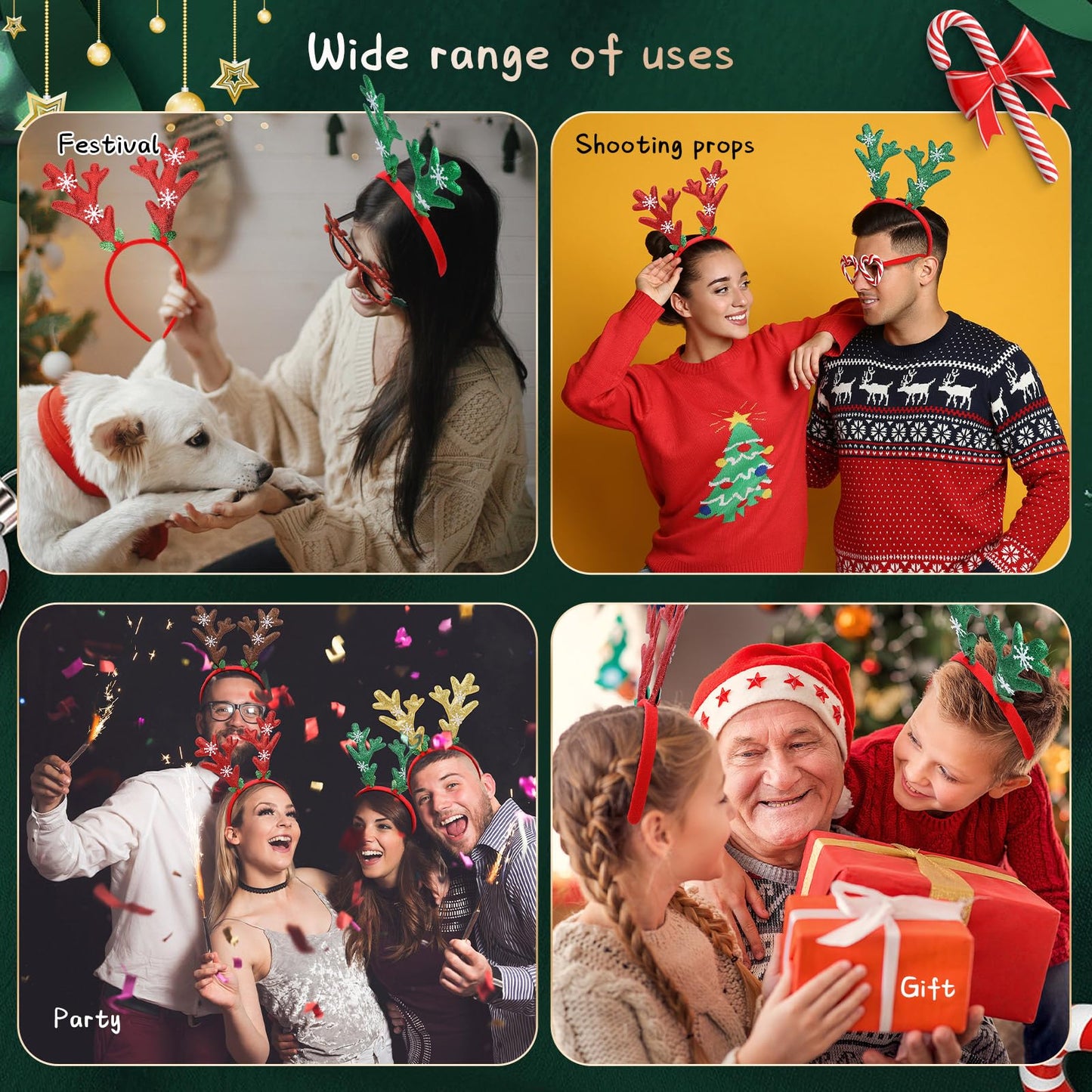 Zubebe Christmas Deer Antlers Headband Glitter Snowflake Reindeer Bulk Antlers Headpiece Headdress for Costume Party (48 Pcs)