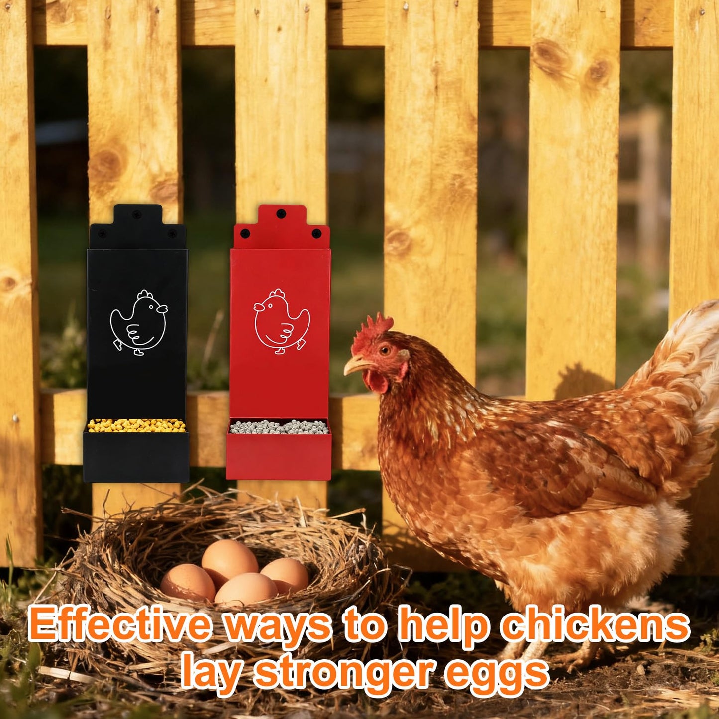 2pcs Chicken Oyster Shell & Grit Feeder, Metal Hanging Poultry Feeder Trough for Hens Durable Chicken Coop Accessories (Black & Red)