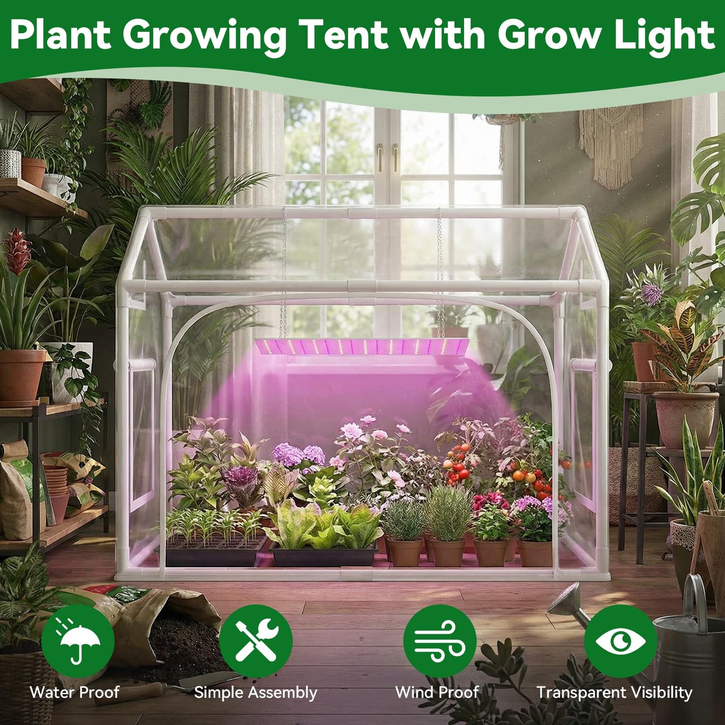 Mini Indoor Greenhouse with Grow Lights PVC Tent Portable Green House Cabinet Kit for Plant Seed Starting