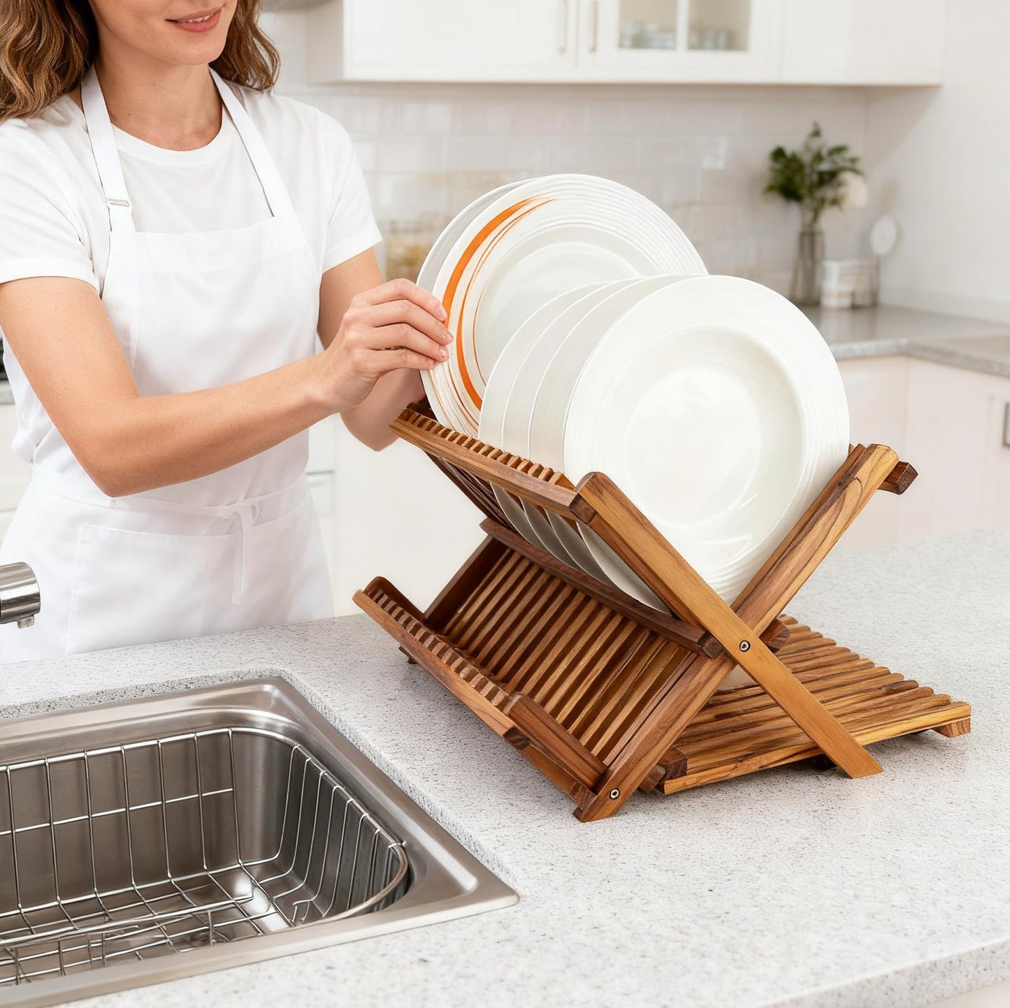 Utoplike Large Teak Dish Drying Rack, Wooden 3 Tier Collapsible Dish Drainer for Countertop, Kitchen Organizer for Pasta Plates, Cups