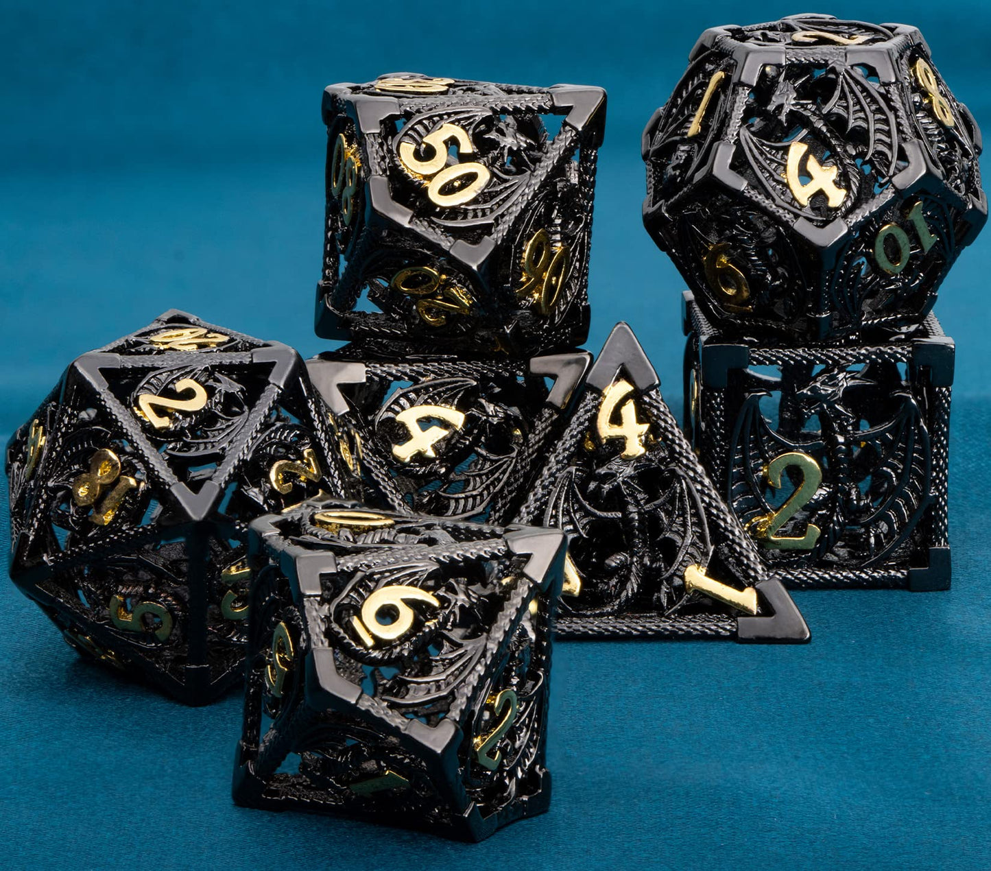 ARUOHHA Hollow Metal DND Dice Black Gold Dragons Dice Set with Gift Box, Compatible with D&D RPG Role Playing Game, Dungeons Polyhedra D and D Dice D20 D12 D10 D8 D6 D4