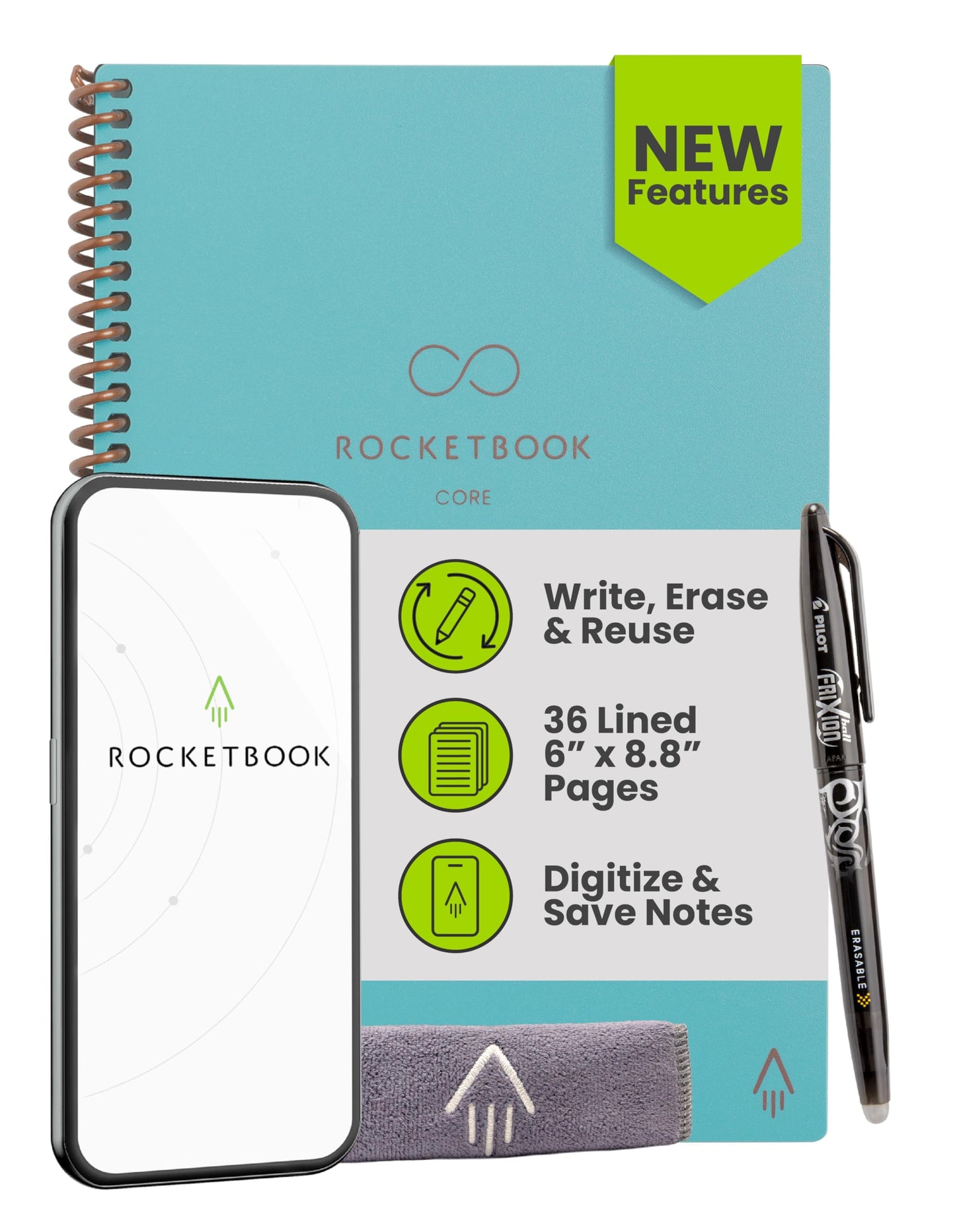 Rocketbook New Core Reusable Spiral Notebook, Executive Size 6x8.8, Teal - Lined Pages, App-Connected, Erasable, Durable Cover, Ideal for School, Work, and Creative Projects