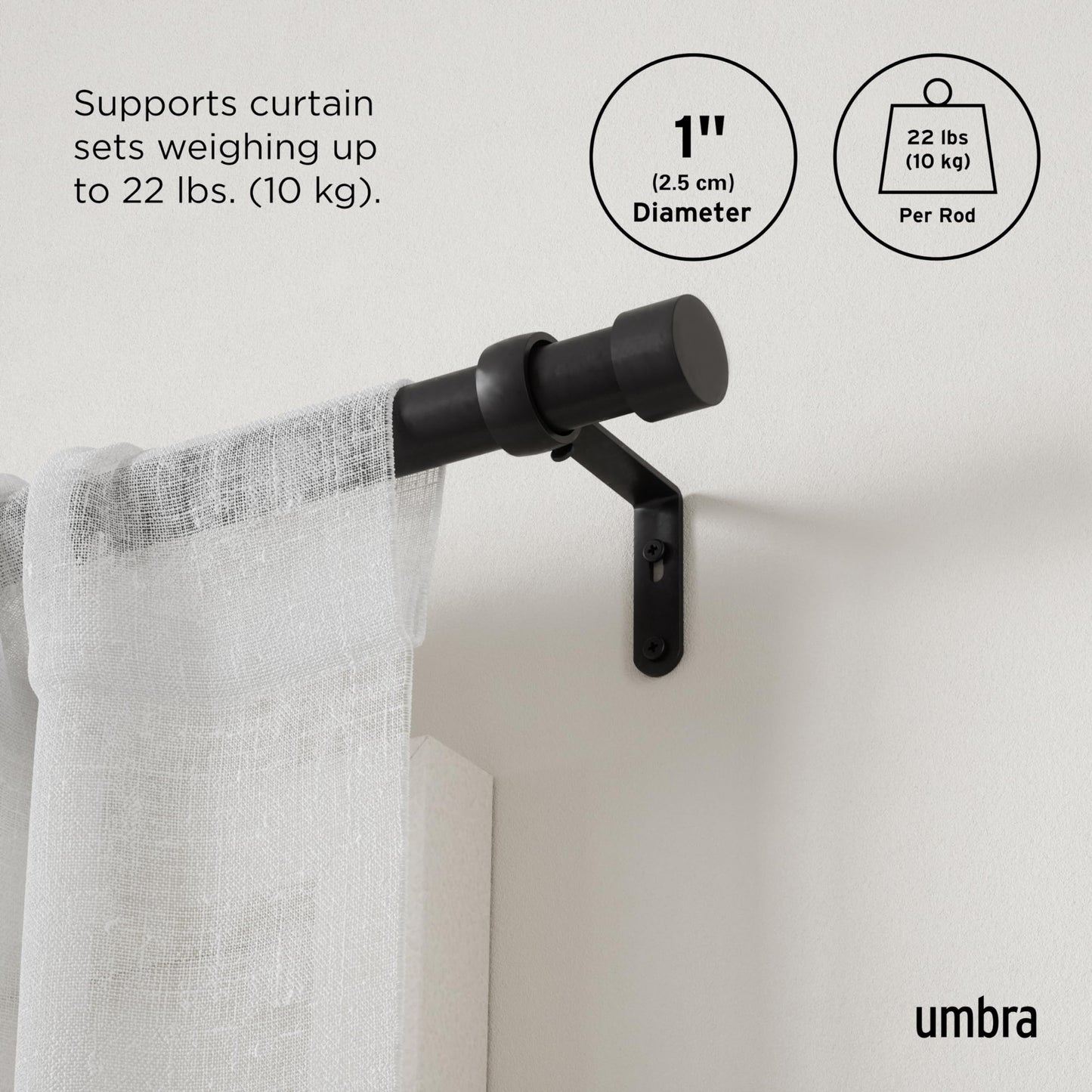 Umbra Cappa Modern 1" Curtain Rod, Includes 2 Matching Finials, Brackets & Hardware, 66” to 120”, Black