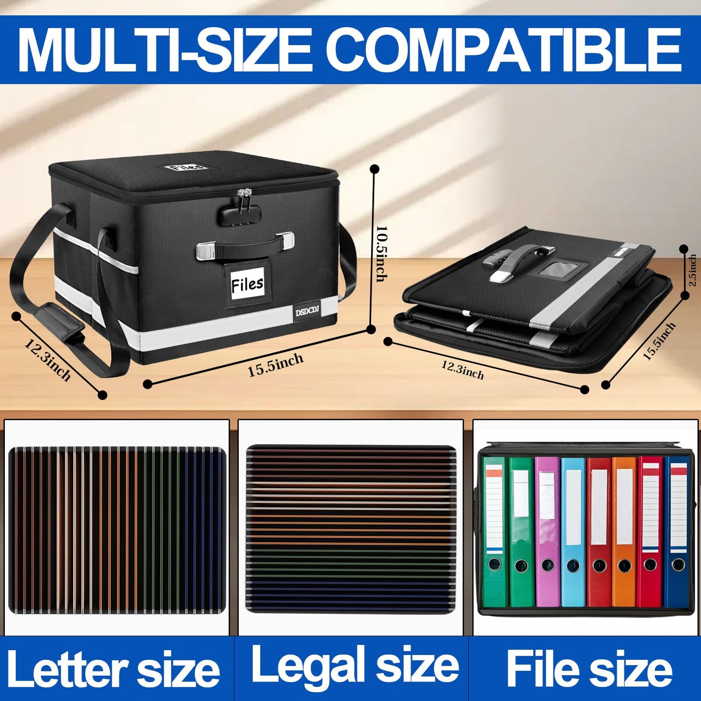 DSDCDJ Upgraded Fireproof File Box with Stay-Open Straps, Fireproof Document Box with Lock, Portable File Organizer Filing Cabinet with Handles for Hanging Letter/Legal Folder, 15.5" x 12.3" x 10.5"