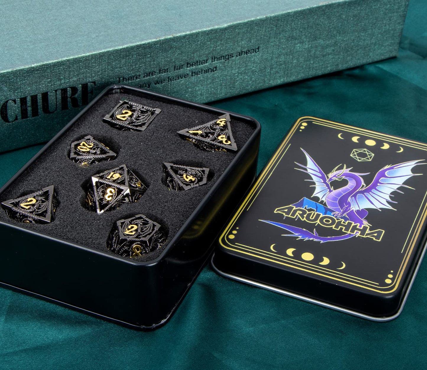 ARUOHHA Hollow Metal DND Dice Black Gold Dragons Dice Set with Gift Box, Compatible with D&D RPG Role Playing Game, Dungeons Polyhedra D and D Dice D20 D12 D10 D8 D6 D4