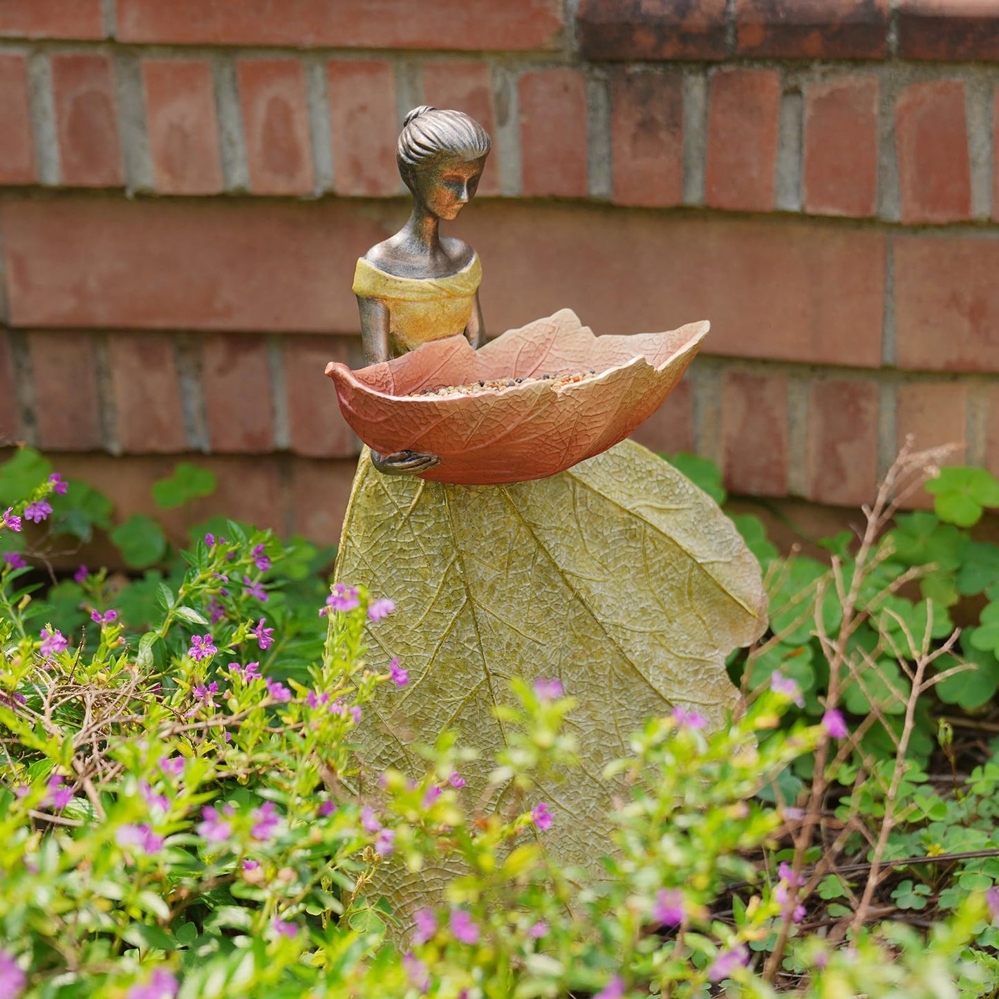 DiliComing Fairy Garden Statue Bird Feeder - 12 Inch Fairy Statue for Home Decoration, Resin Outdoor Statues for Garden Decoration, Best Bird Feeder Garden Gift for Women 12 x 7.5 x 5 Inch(Yellow)
