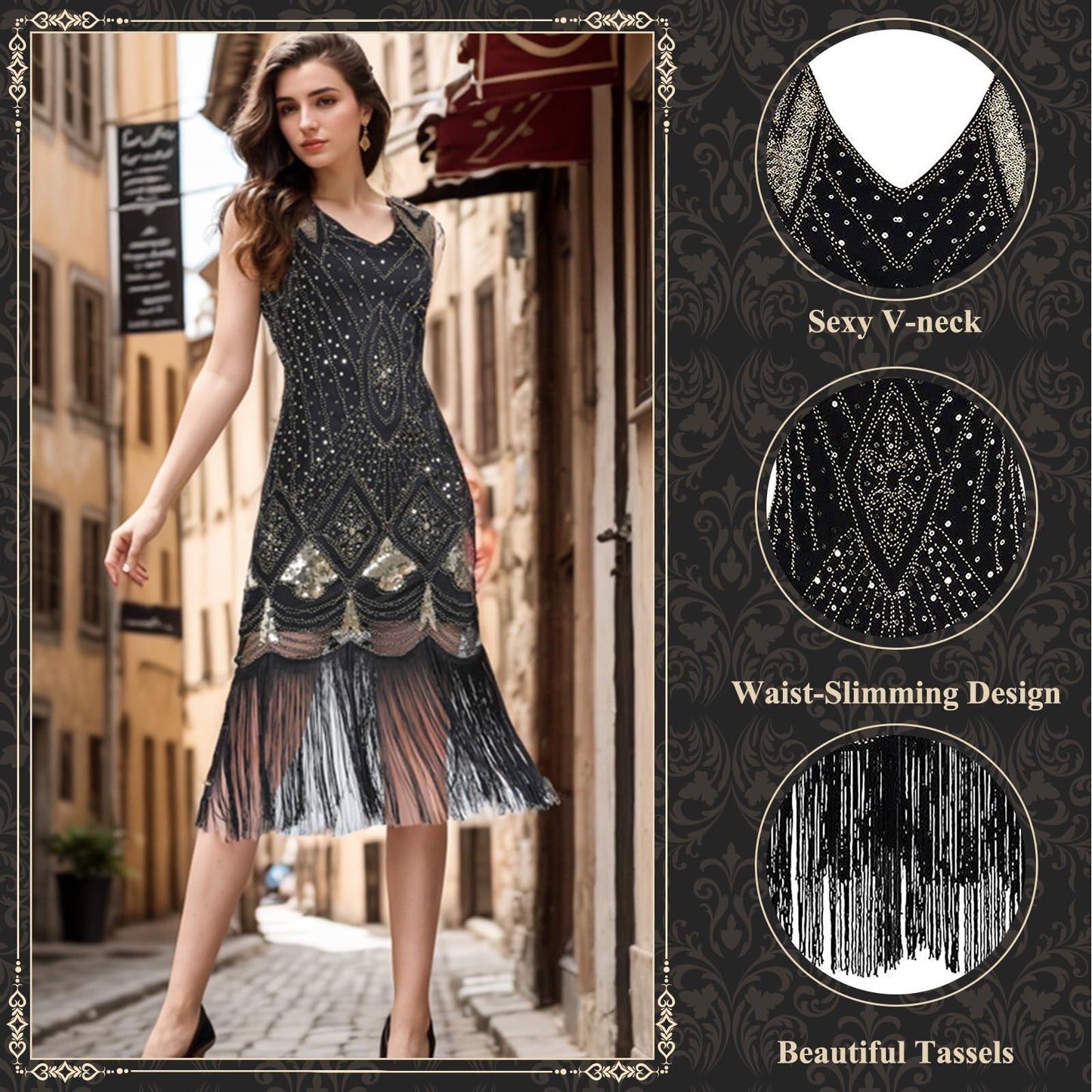 PLULON 1920s Dresses for Women, Sequin Fringed Gatsby Flapper Cocktail Dresses with 20s Accessories Set, Roaring 20s Costumes