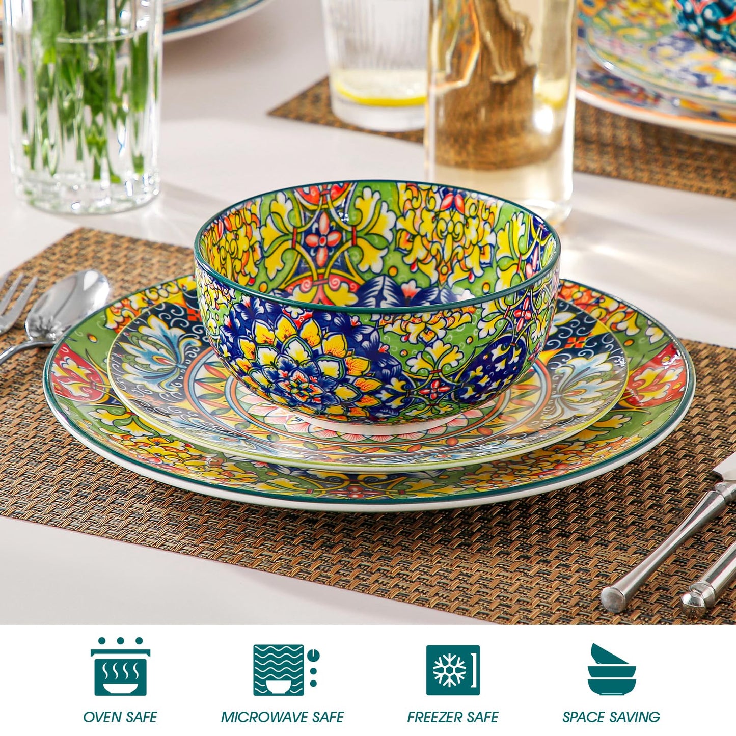 vancasso Cereal Bowls Set of 6, Bohemian Ceramic Soup Bowls, 28 oz Colorful Bowls Set, Dishwasher & Microwave Safe for Salad, Pasta, Rice, Oatmeal, Fruit