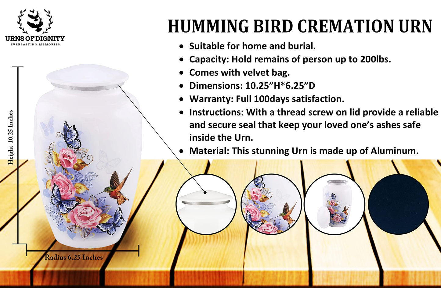 Butterfly Humming Bird Adult Cremation Urns for Human Ashes - Decorative Urn,ERN for Human Ashes Female & Male,Urns for Ashes Men & Women,Funeral Urn (Butterfly Humming Bird, Adult)