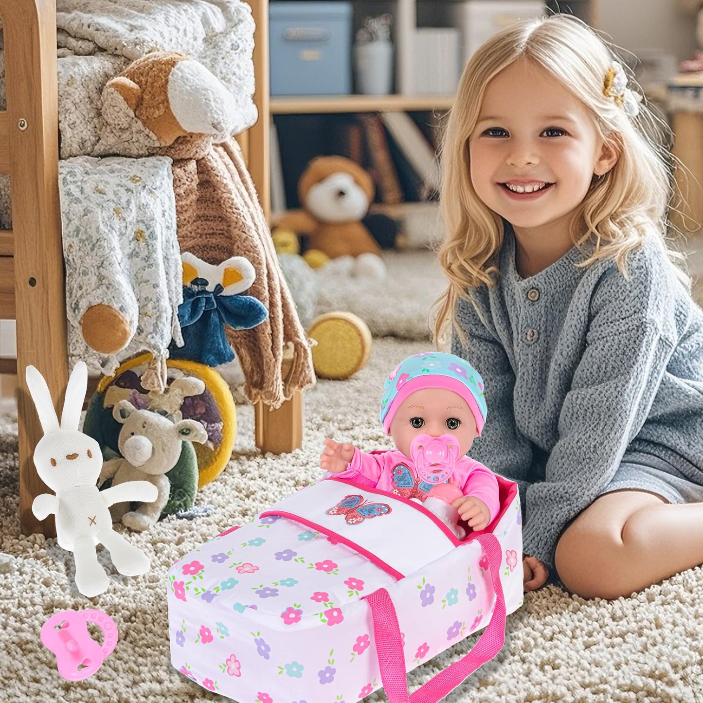 Ebuddy 12 inch Baby Doll and Accessories-Reborn Dolls Real Life Baby Dolls with 1 Sets Clothes,Carry Basket,Bunny Plush Toy,Pacifier, Bottle