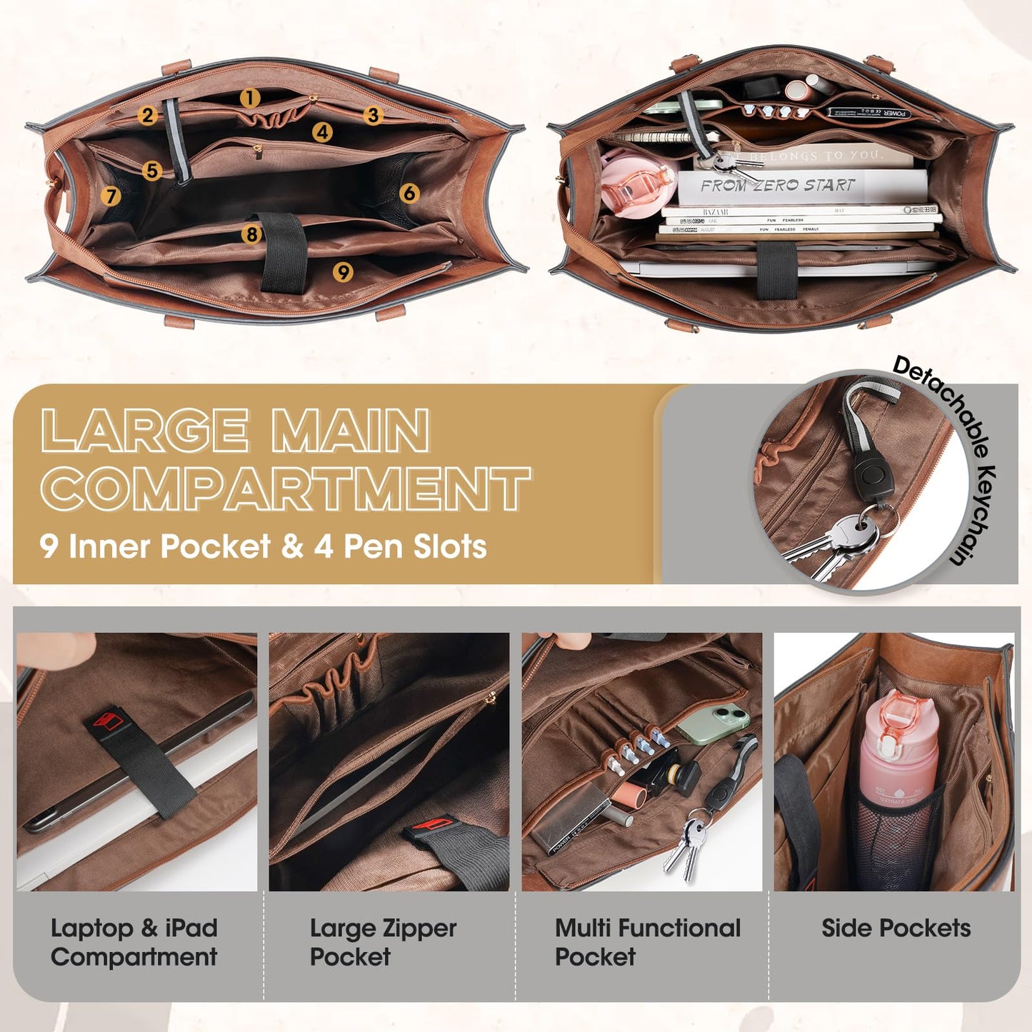 NUBILY Laptop Bags for Women 15.6 Inch Work Tote Bags Womens Laptop Purse Waterproof PU Leather Laptop Briefcase for Office Computer Bag Women Travel Handbag Shoulder Bag Brown