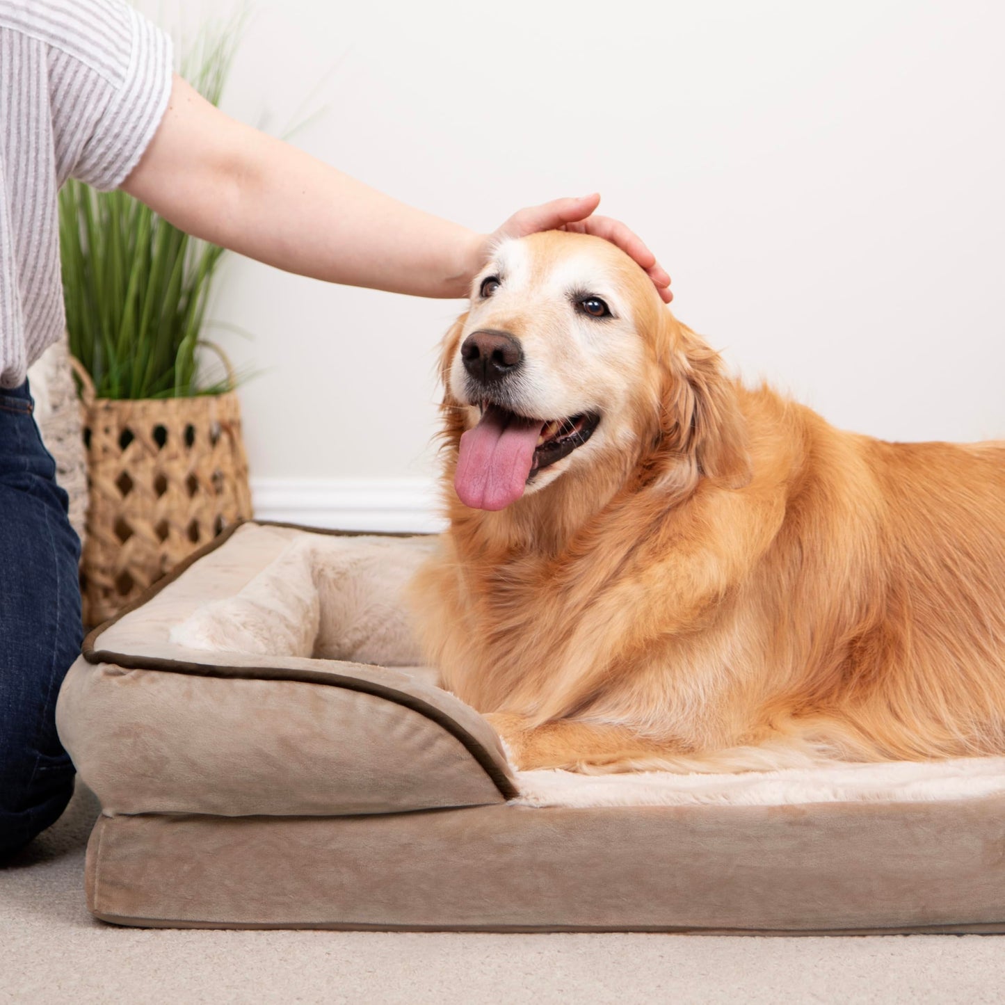Furhaven Cooling Gel Dog Bed for Large/Medium Dogs w/Removable Bolsters & Washable Cover, for Dogs Up to 55 lbs - Plush & Velvet Waves Perfect Comfort Sofa - Brownstone, Large