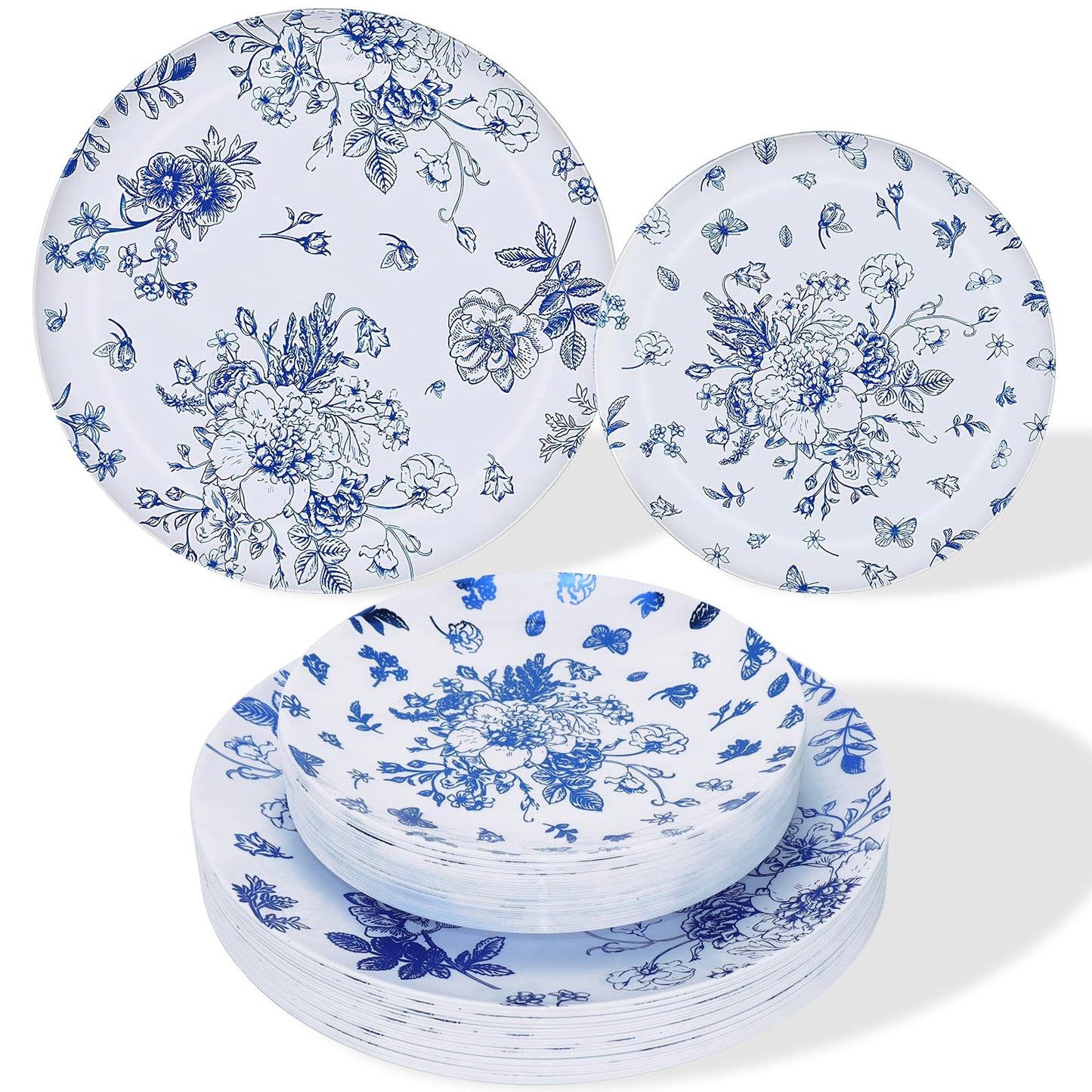 100 Pcs Blue and White Floral Plastic Plates, Include 50 Dinner Plate 10.25" 50 Dessert Plate 7.5" Vintage Flower Disposable Plate for Weeding Bridal and Baby Shower Birthday Party Supplies