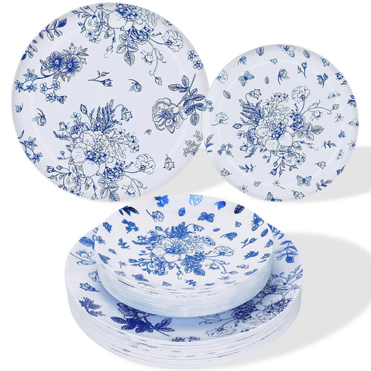 100 Pcs Blue and White Floral Plastic Plates, Include 50 Dinner Plate 10.25" 50 Dessert Plate 7.5" Vintage Flower Disposable Plate for Weeding Bridal and Baby Shower Birthday Party Supplies