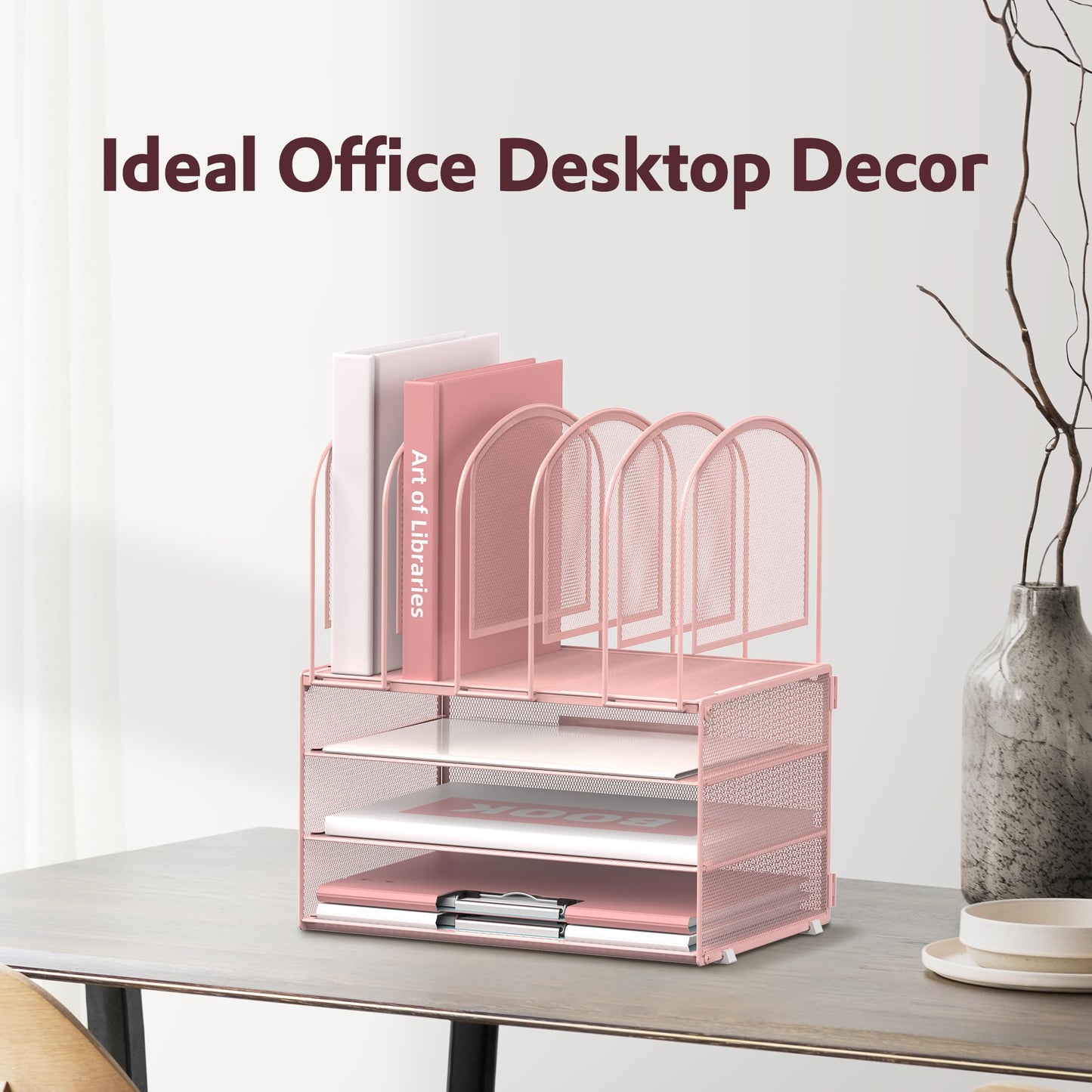 DALTACK Paper Desk Organizer, 3-Tier Letter Tray with 5 Vertical File Holders, Multifunction Desk Organizer, Desktop File Folder Organizer, Desk Organizers and Accessories for Home Office, Pink