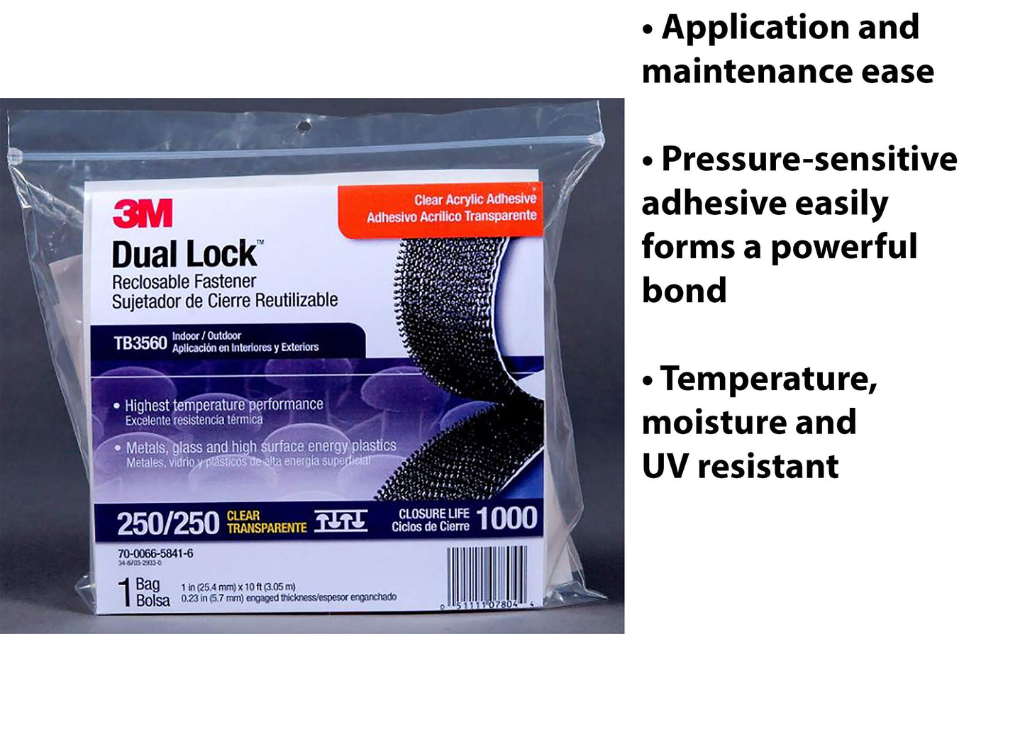 3M Dual Lock Reclosable Fastener TB3560 250/250 Clear, 1 in x 10 ft (1 Mated Strip/Bag)