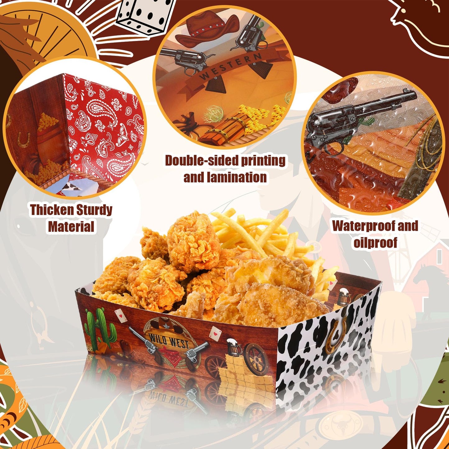 Mifoci 36 Pcs Western Food Trays Cowboy 5 lb Western Party Decorations for Cowboy Baby Shower My First Rodeo Party(Brown)