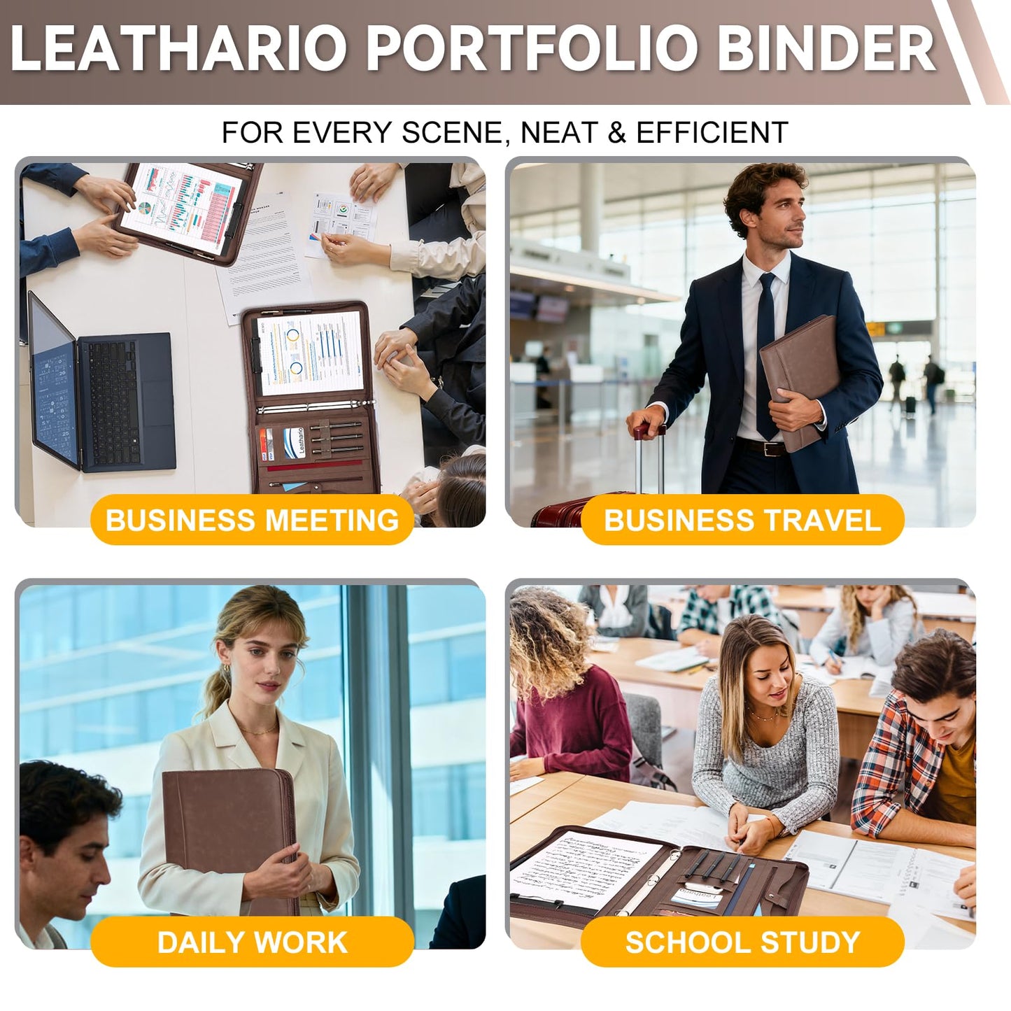 Leathario Portfolio Folder, Vegan Leather 3-Ring Binder, Includes 10 Clear Sheet Protectors and a Pen, Multi-Pocket A4 Padfolio for Tablets, Files and Business Documents, Office Supplies