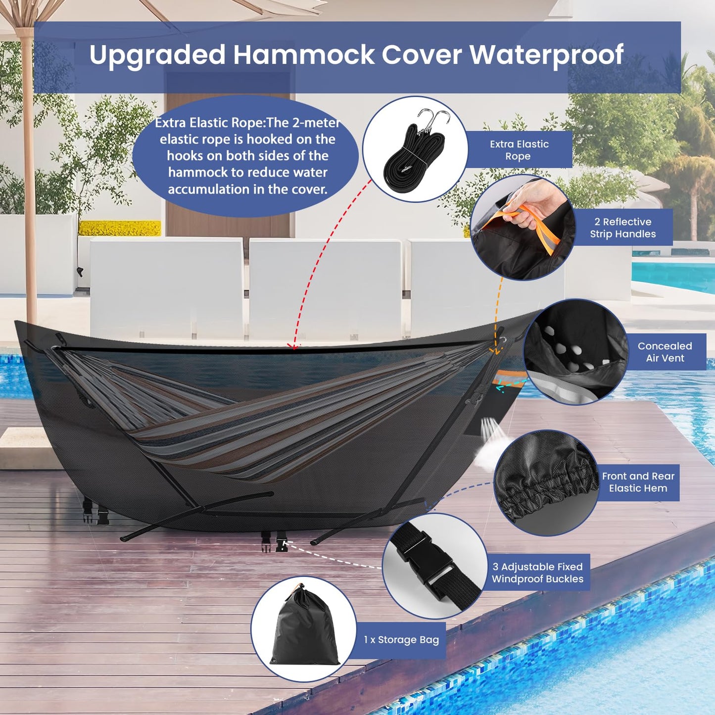 Hammock Cover Waterproof,Heavy Duty 420D Hammock Stand Covers for Outdoor,Breathable Dust Protector with 2 Air Vents,3 Windproof Buckles，Universal Cover Fits for 11-12ft Stand,All-weather Protection