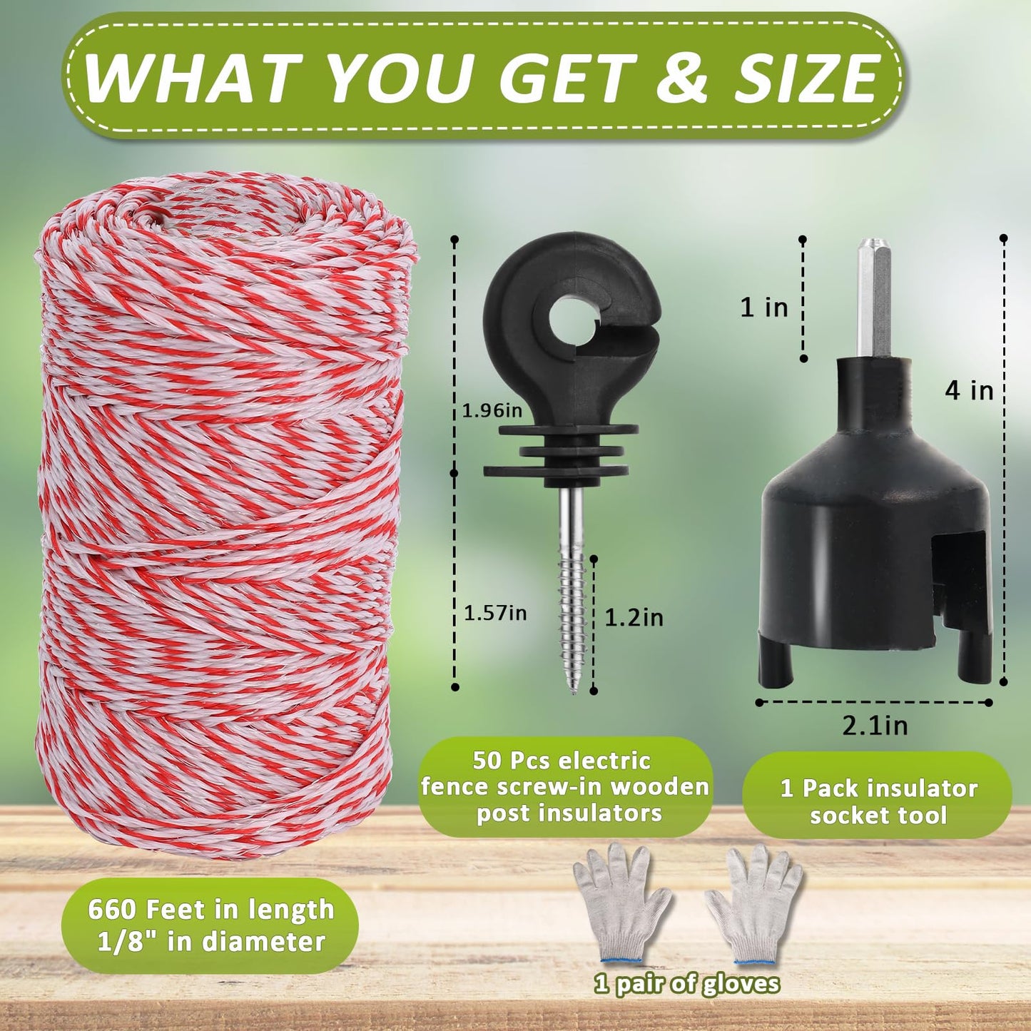 Electric Fence Polywire 660 Feet with 50 Pcs Electric Fence Insulator, High Conductivity Weatherproof 6 Steel Strands Electric Fence Wire & Insulator Socket Tool for Cattle, Horses, Sheep