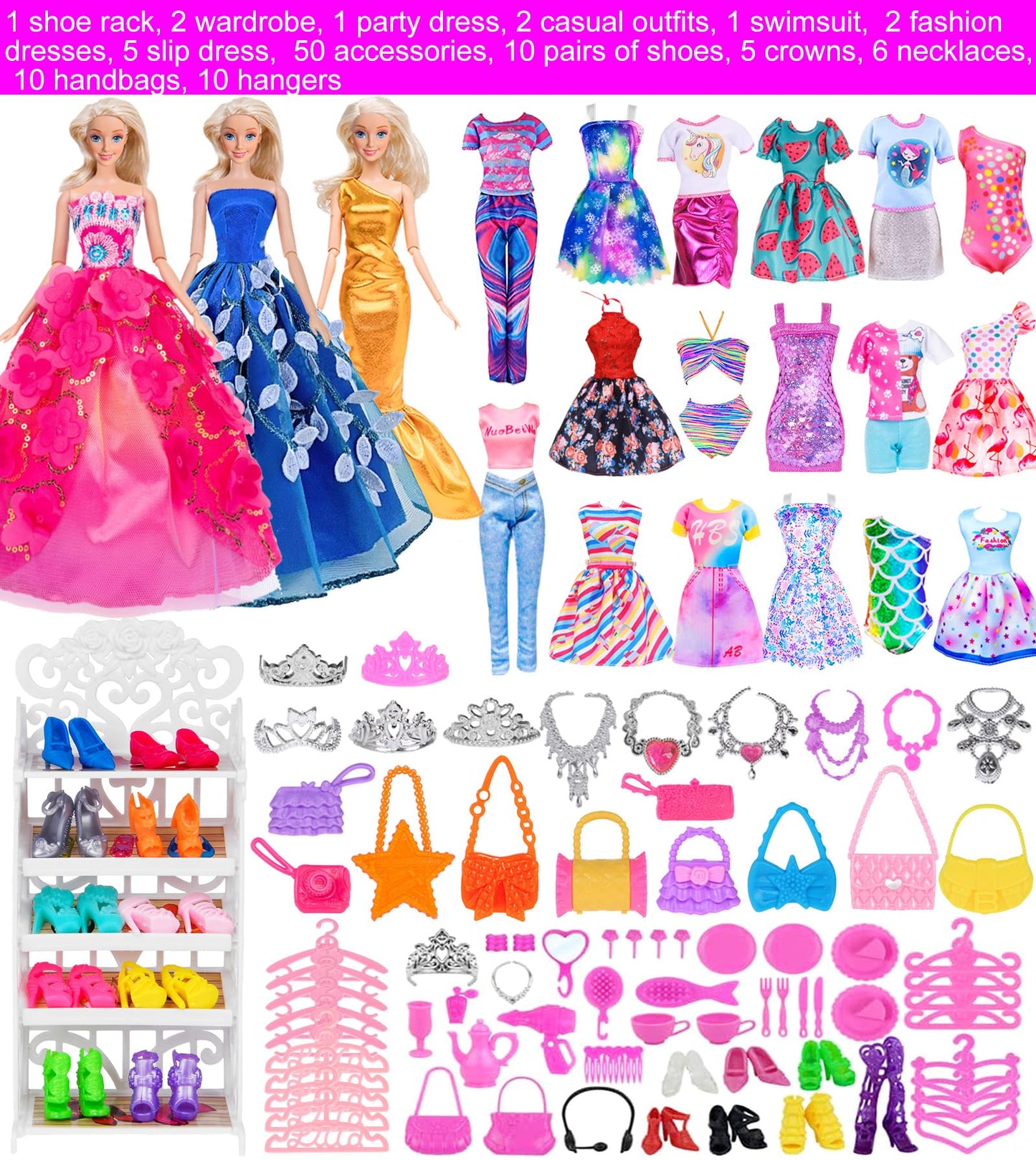 ebuddy 105 Pcs Doll Clothes and Accessories 11.5 Inch Doll Closet Including 12 Looks, Rack Dress Shoes Hangers Necklace and Other Accessories(No Doll)