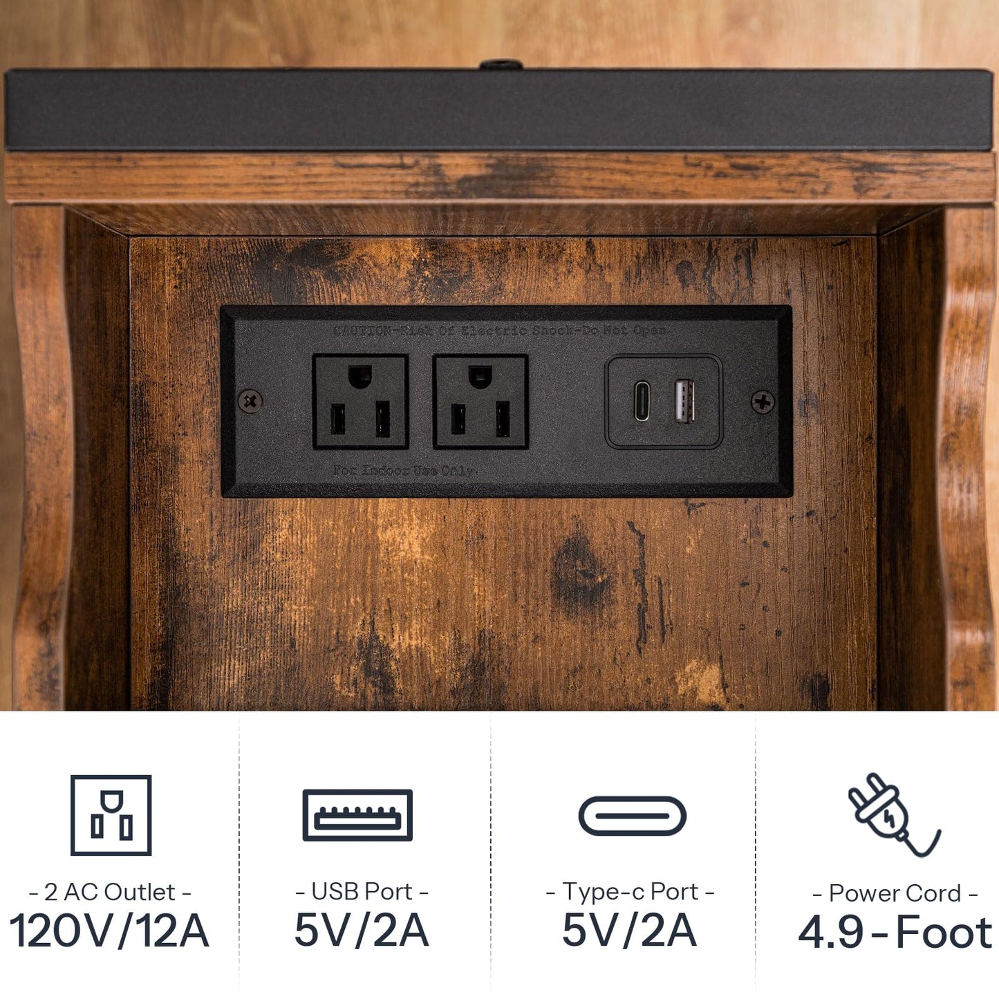 HOOBRO Side Table, Flip End Table with Charging Station and Shelves, USB Ports & Power Outlets, Narrow Nightstand for Small Spaces, Stable and Sturdy, for Living Room, Bedroom, Rustic Brown BF341BZ01