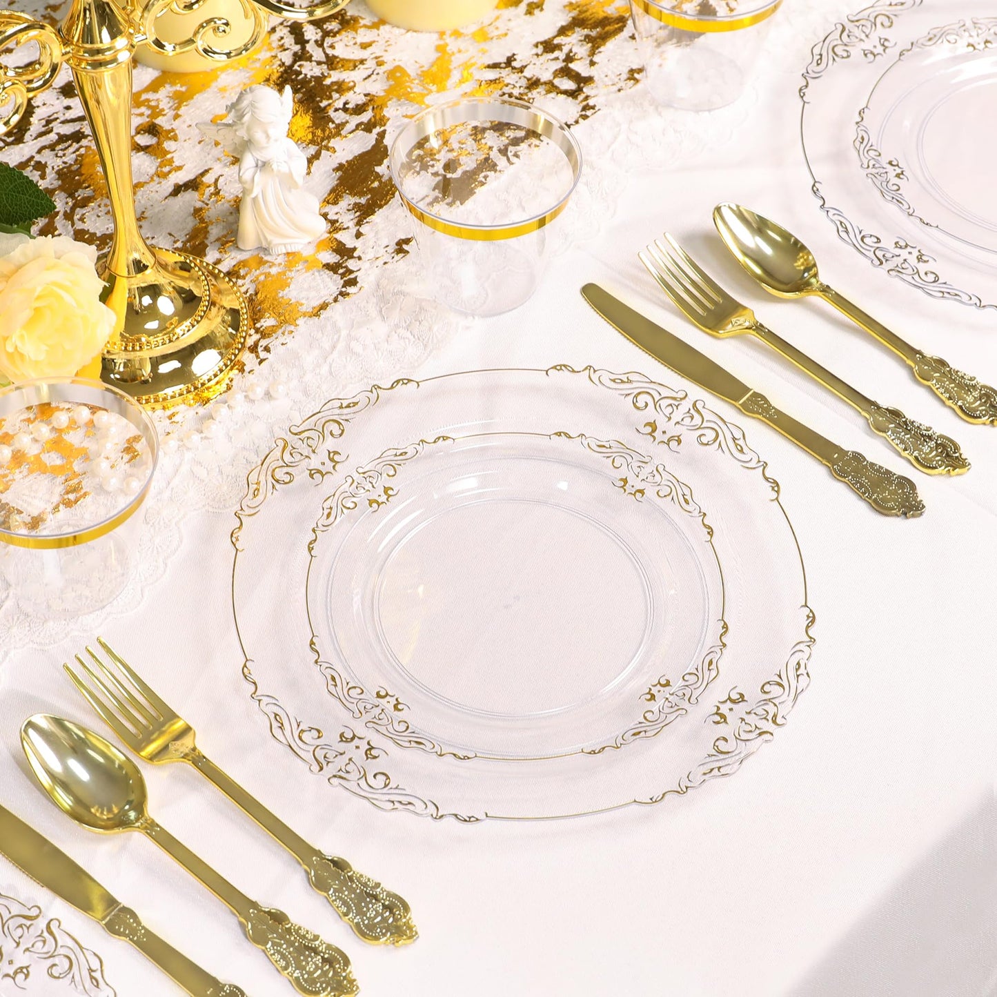 350 Piece Dinnerware Set for Wedding & Party,50 Guest RimPlastic Plates,50 Plastic Silverware,50 Cups,50 Linen Like Napkins (Clear Gold)
