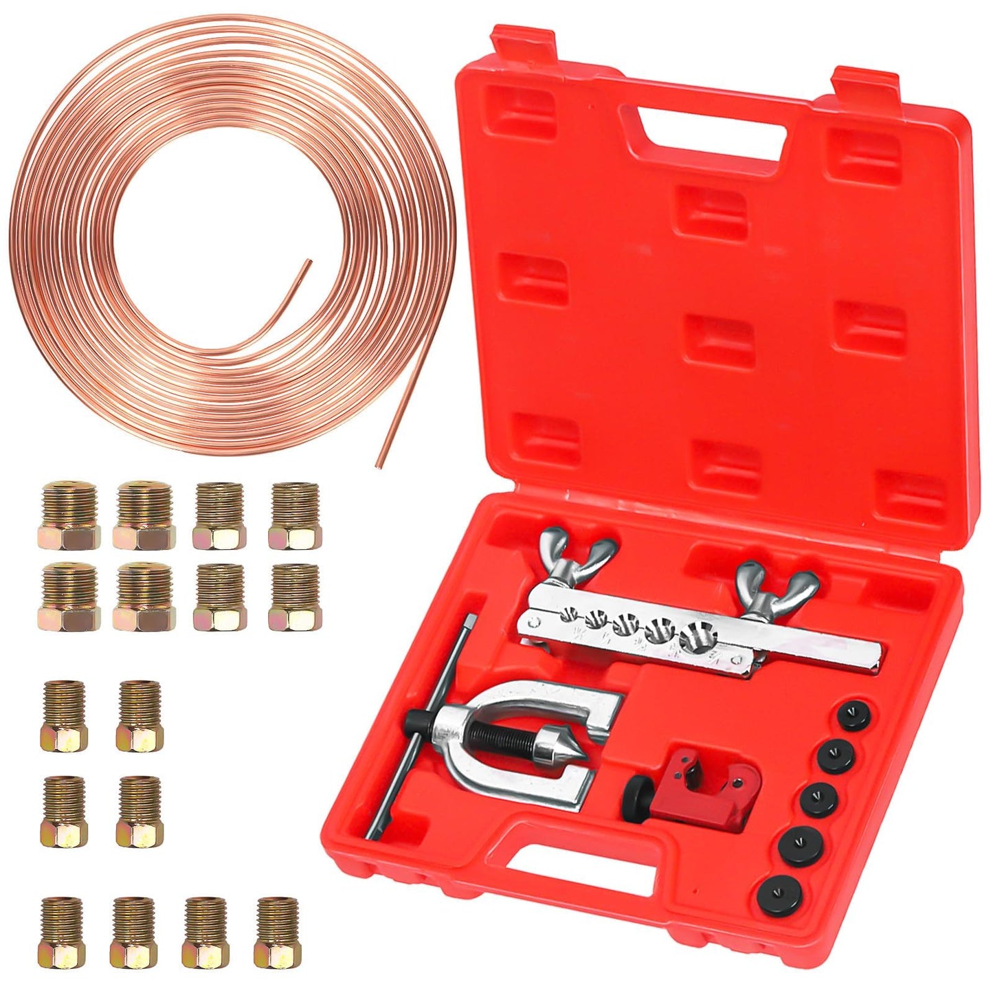 Swpeet 30Pcs in Set Copper Coated Brake Line Kit, Brake Line with Flaring Tool Kit, Includes 16 Fittings and 4 Unions, Flaring Tool Set for Single and Double Flares with 5 Adapters and Tube Cutter