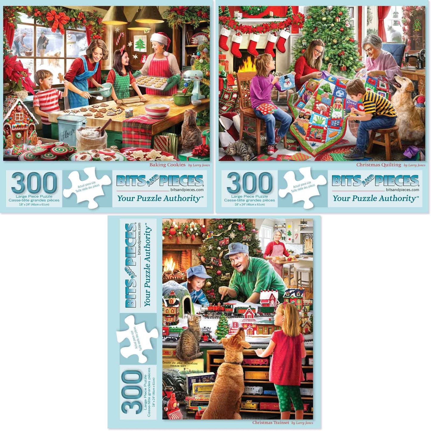 Bits and Pieces - Value Set of Three (3) 300 Piece Jigsaw Puzzles for Adults - 18" x 24" (46cm x 61cm) Each - Large Pc Holidays Christmas Jigsaws by Larry Jones