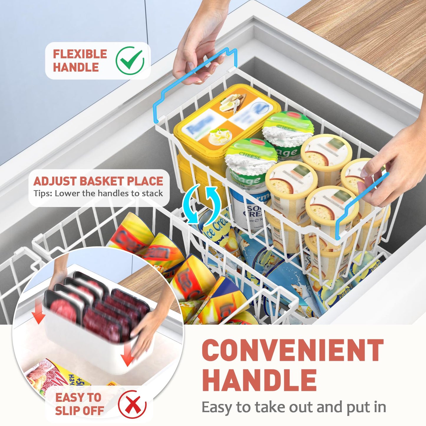 Goovilla Freezer Organizer Bins with Foldable Handle, 8 Pack Stackable Freezer Baskets for 3.5-7 Cu.FT Deep Chest Freezer Organization, White Metal Freezer Storage Bins with Better Space Utilization