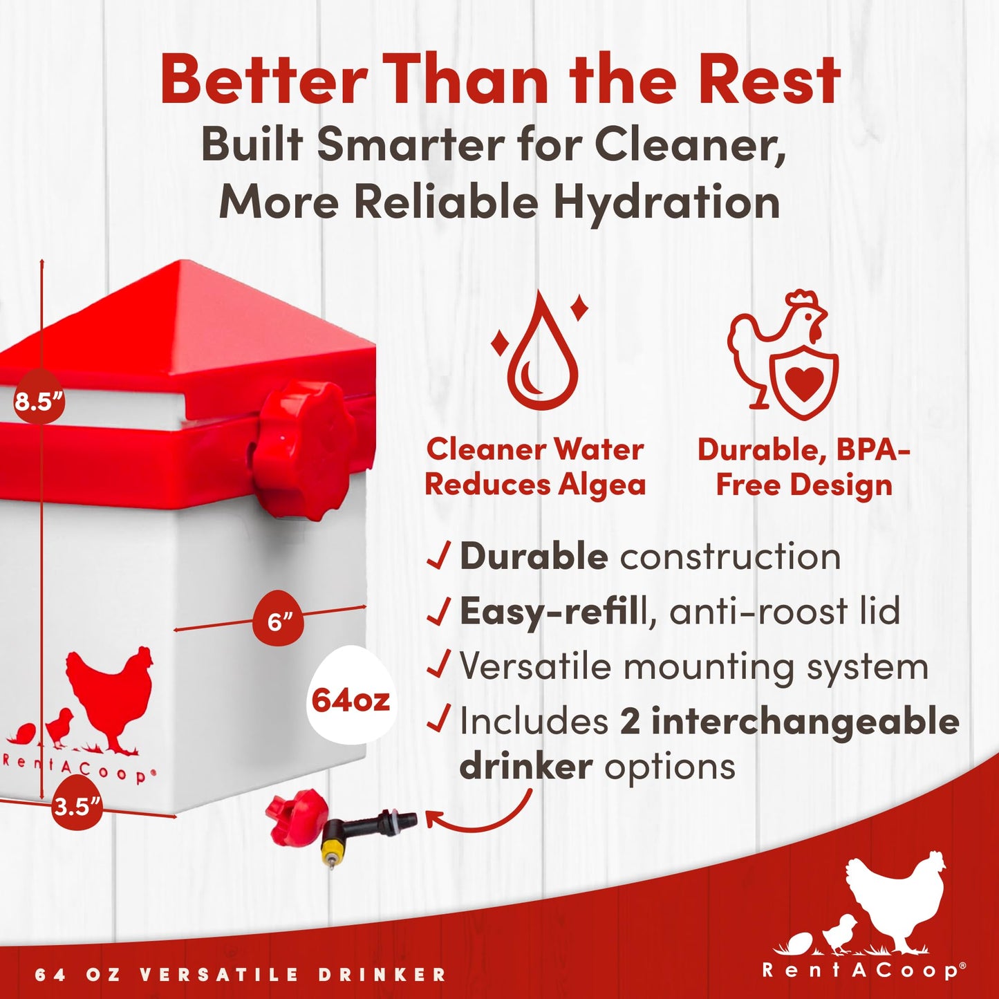 RentACoop 64oz(2L) Drinker Plus 2 Versatile Nipples - Suitable for Chicks, Quail, Pigeons, Doves, and Other Smaller Birds