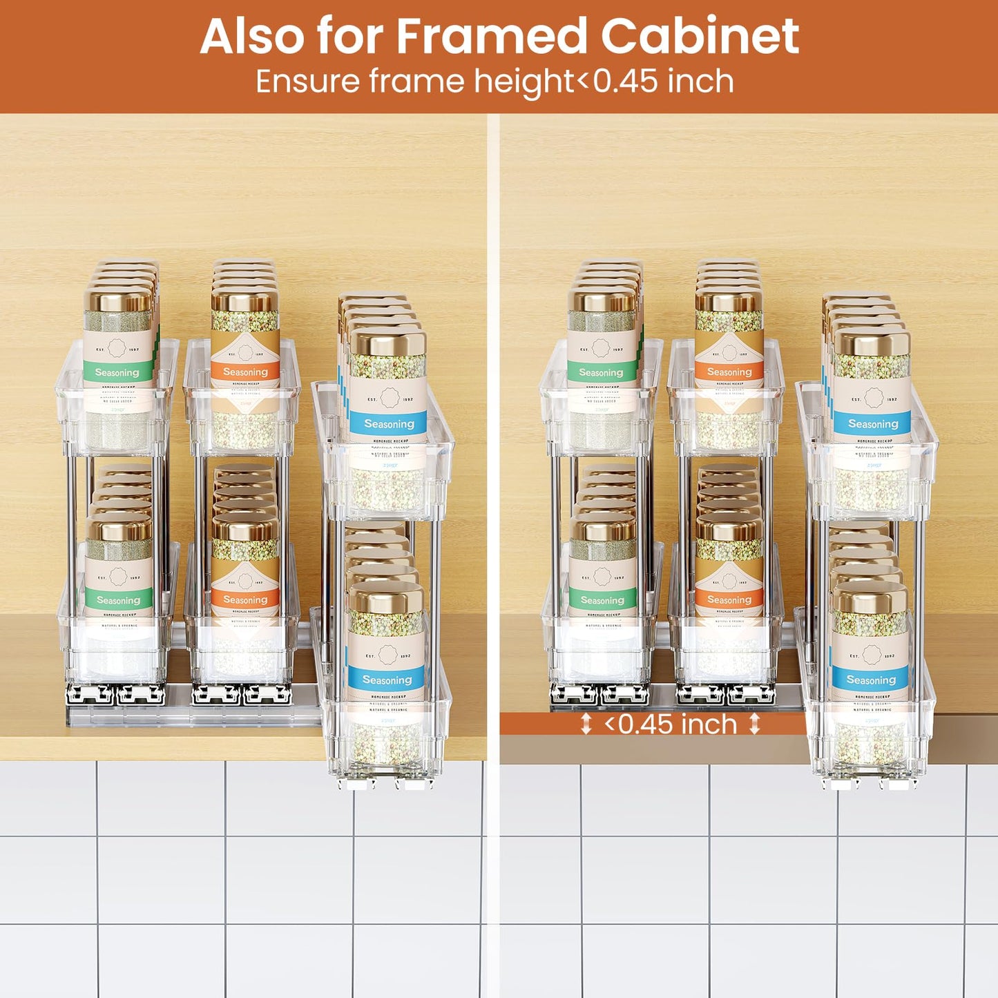 Mystozer 3 Packs Pull Out Spice Rack Organizer for Cabinet, Vertical Spice Rack Pull Out, Heavy Duty Slide Out Seasoning Organizer, 2.3" Wx10.35''Dx8.26''H, 3 Drawers 2 Tiers(Clear)