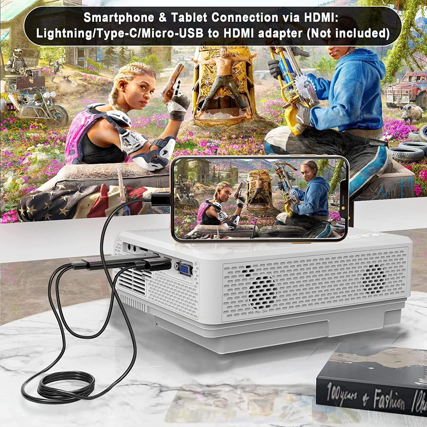 Mini Projector with Screen, 1080P Portable Projector with Bluetooth, Outdoor Movie Projector Compatible with TV Stick Smartphone & Tablet PC HDMI USB AV TF