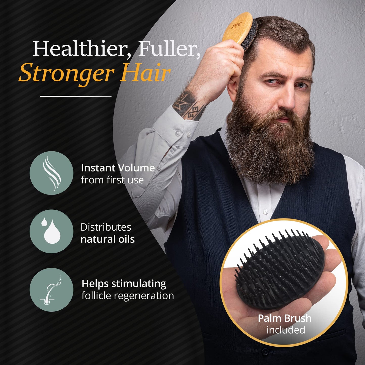 Belula Boar Bristle Hair Brush Set for Men - Soft Mens Hair Brush for Thin, Normal & Short Hair - Includes Wooden Comb, 2 Palm Brushes & Travel Bag - Best Hair Brushes for Men!