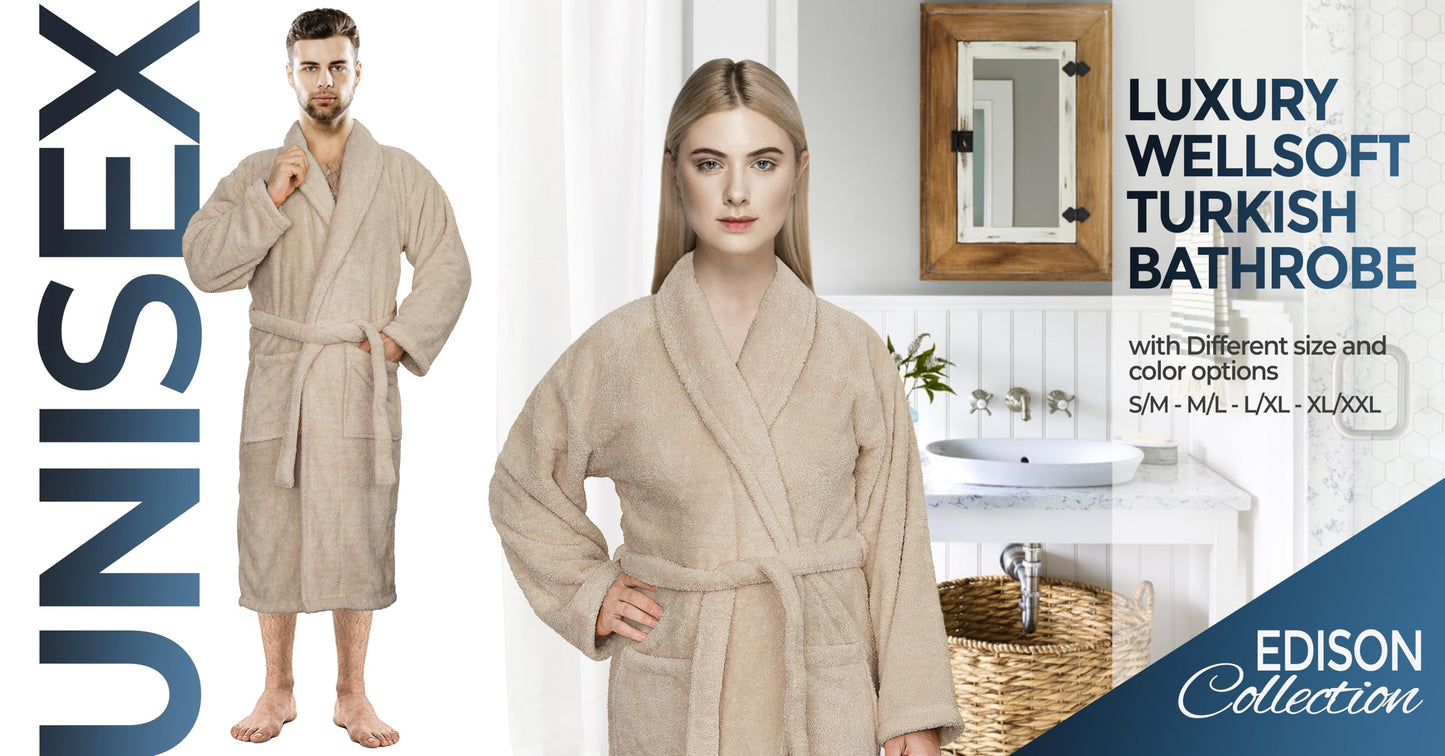 American Soft Linen Warm Fleece Robe, Mens and Womens Robe Fuzzy, 1 Piece Unisex Plush Adult Bathrobe for Bathroom, Beige, Large-X-Large