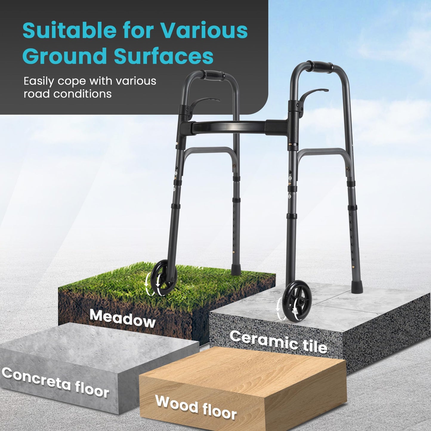 Careboda Lightweight Folding Walker with 5" Fixed Wheels, Portable Medical Walker with Adjustable Height and Trigger Release for Seniors and Adults, Aluminum Frame Supports up to 300 lbs, Charcoal Grey