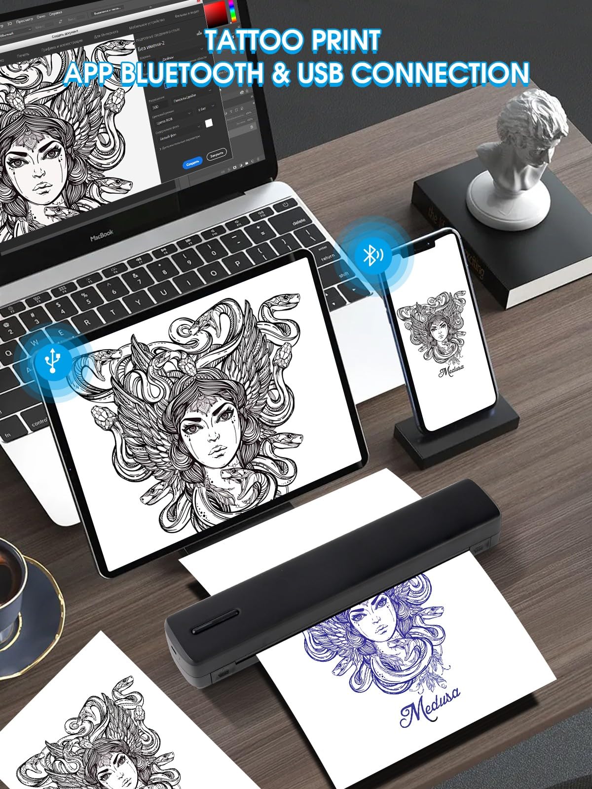 Wireless Tattoo Stencil Printer – Portable Thermal Printer for Photo or Document Tattoo Artists & Beginners, Bluetooth Compatible with Phone, iPad & PC Compact Design for Tattoo Shops & Home Use