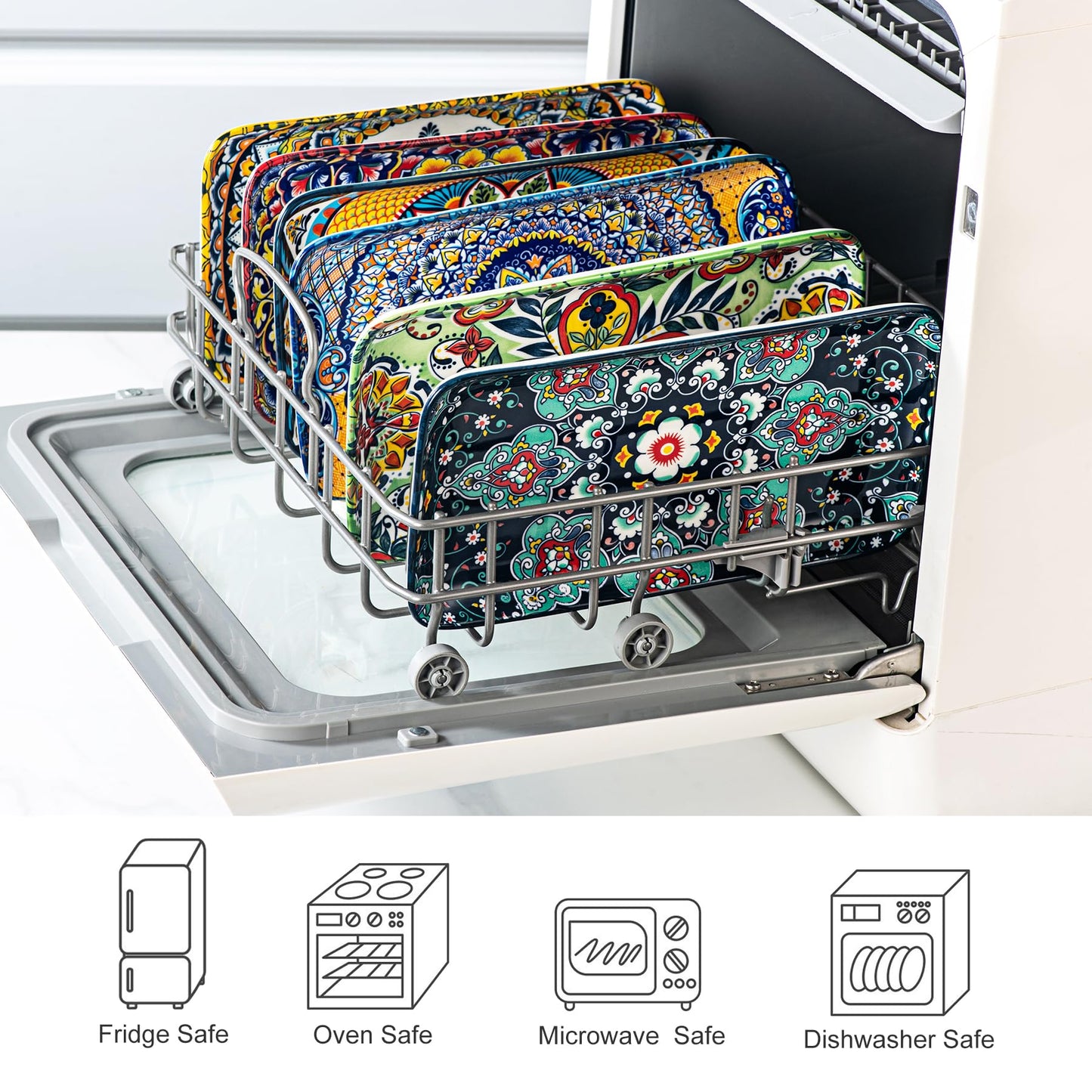 HENXFEN LEAD 10 Inch Rectangular Dinner Plates Set of 6 – Colorful Boho Design Porcelain Plates for Salad, Appetizer, Sushi & Dessert – Microwave, Oven & Dishwasher Safe