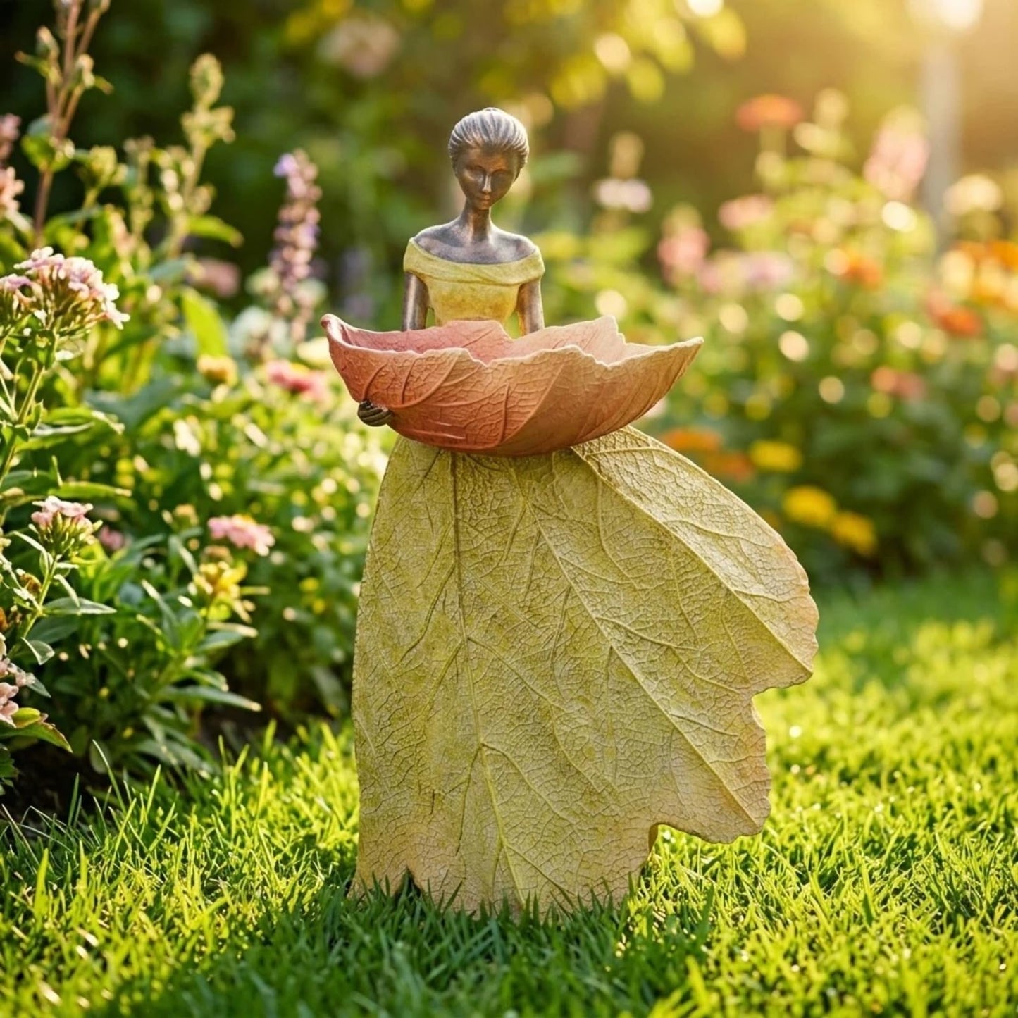 DiliComing Fairy Garden Statue Bird Feeder - 12 Inch Fairy Statue for Home Decoration, Resin Outdoor Statues for Garden Decoration, Best Bird Feeder Garden Gift for Women 12 x 7.5 x 5 Inch(Yellow)