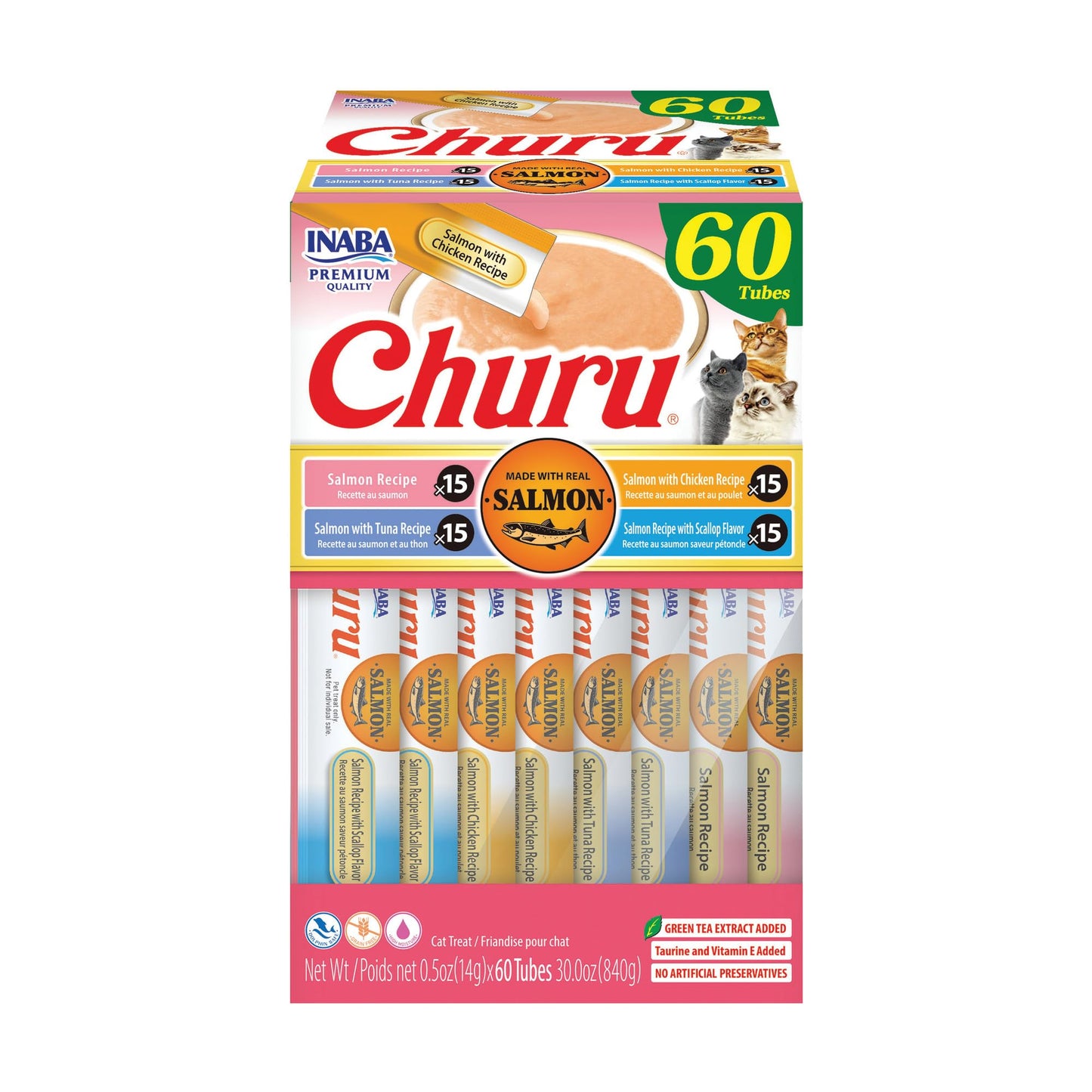 INABA Salmon Churu Cat Treats, Lickable, Squeezable Creamy Purée Cat Treat with Green Tea Extract & Taurine, 14 Grams Each Tube, 60 Tubes, Salmon Variety Box