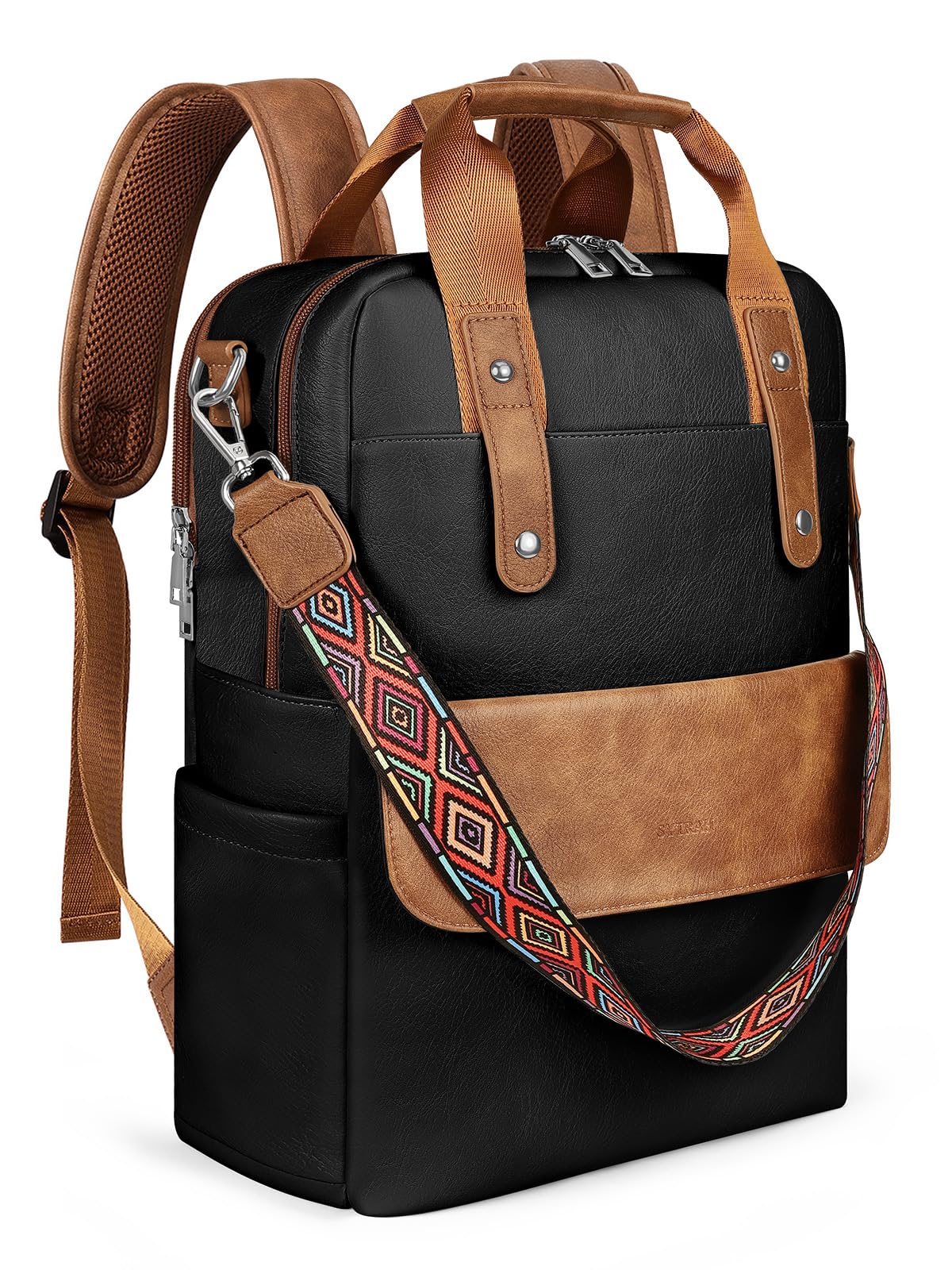 SYTRAH Leather Laptop Backpack 15.6 Inch Womens Laptop Bag, 3 IN 1 Computer Bag Handbag with Colorful Shoulder Bag Strap for Work Travel College Black Brown