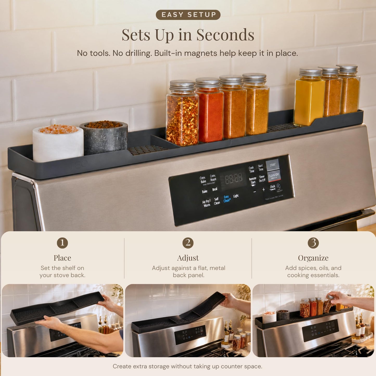 TEO Magnetic Stove Top Shelf - 30 Inch Silicone Over the Stove Spice Rack for Kitchen Gadgets Storage Organization, Heat-Resistant, No Installation, Dishwasher Safe, Over Oven Shelf Black