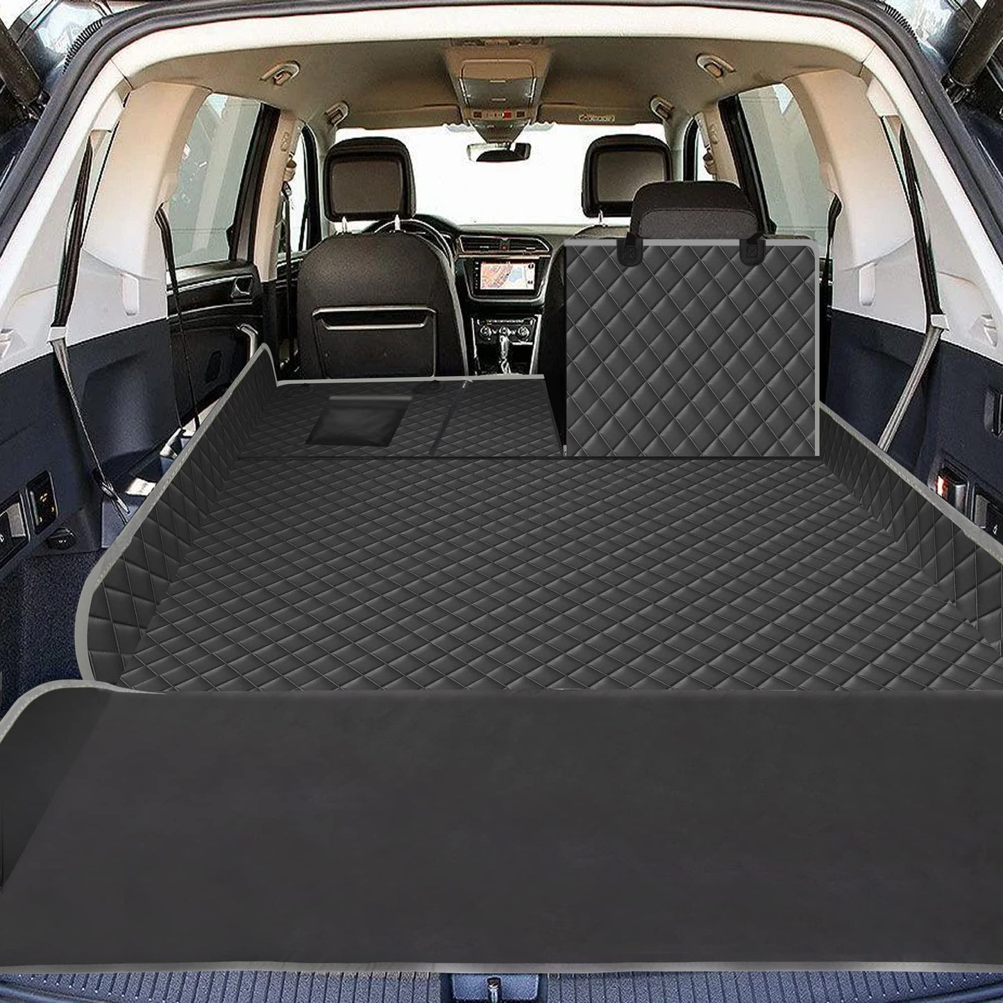 Happept Cargo Liner for Dogs Fold Down Seat, Heavy Duty Dog Mat for Car with Bumper Flap Protector, Dog Seat Cover for SUV Trunk for Sedans Vans, Universal Fit (Black+Gray)