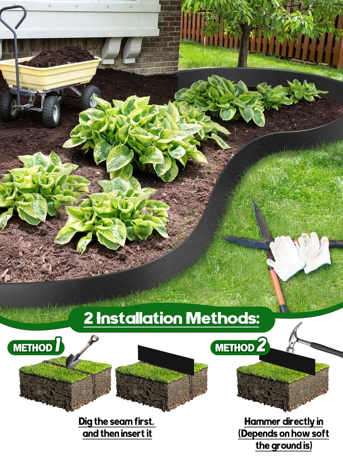 Kalolary Garden Landscape Edging, 5 inch x 60FT Garden Border Edging, Plastic Flower Bed Edging Borders Flexible Bender Border with 36 U Spikes for Lawn, Garden, Yard